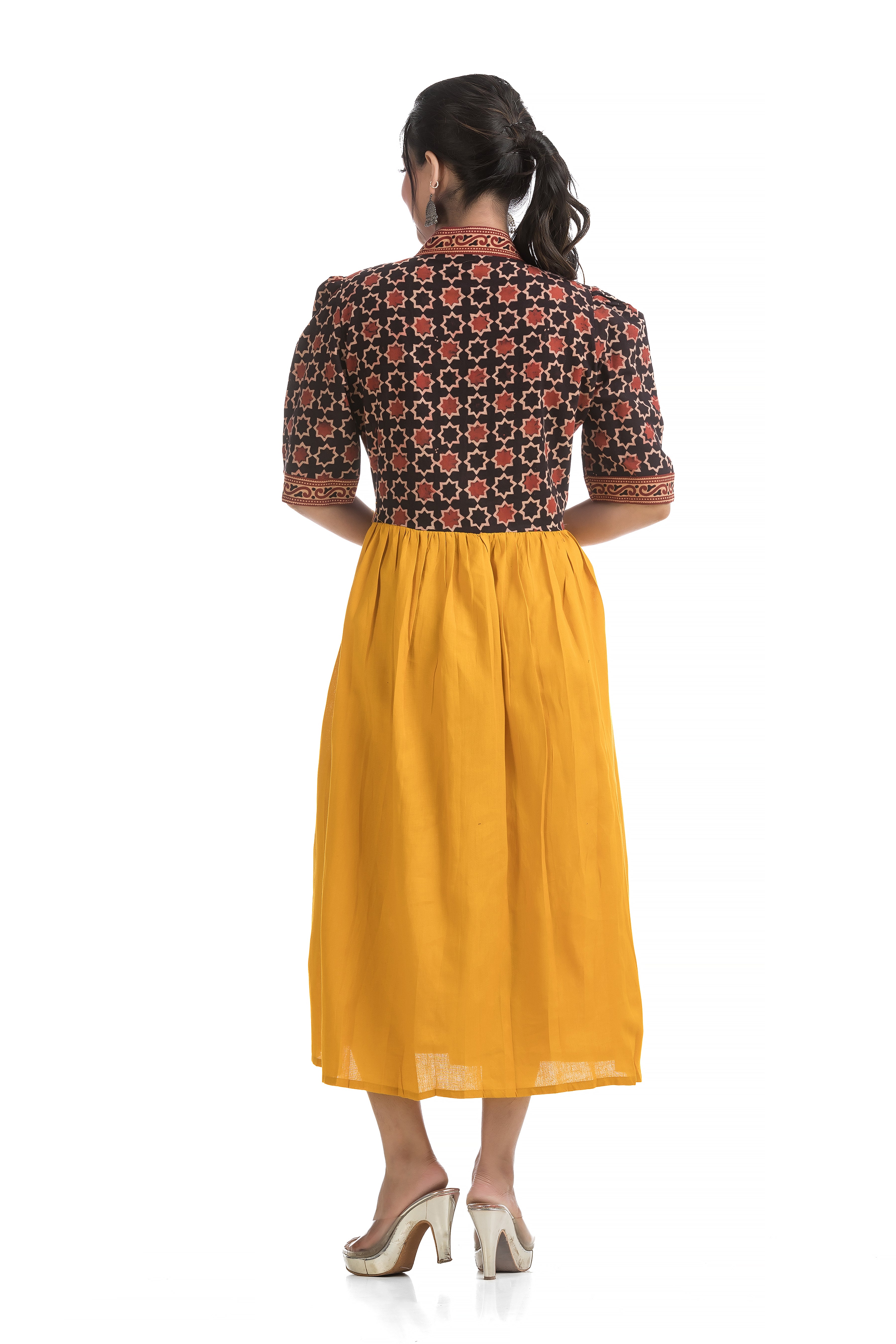 Ajrakh Hand Block Yellow Aliya Dress with Lacework