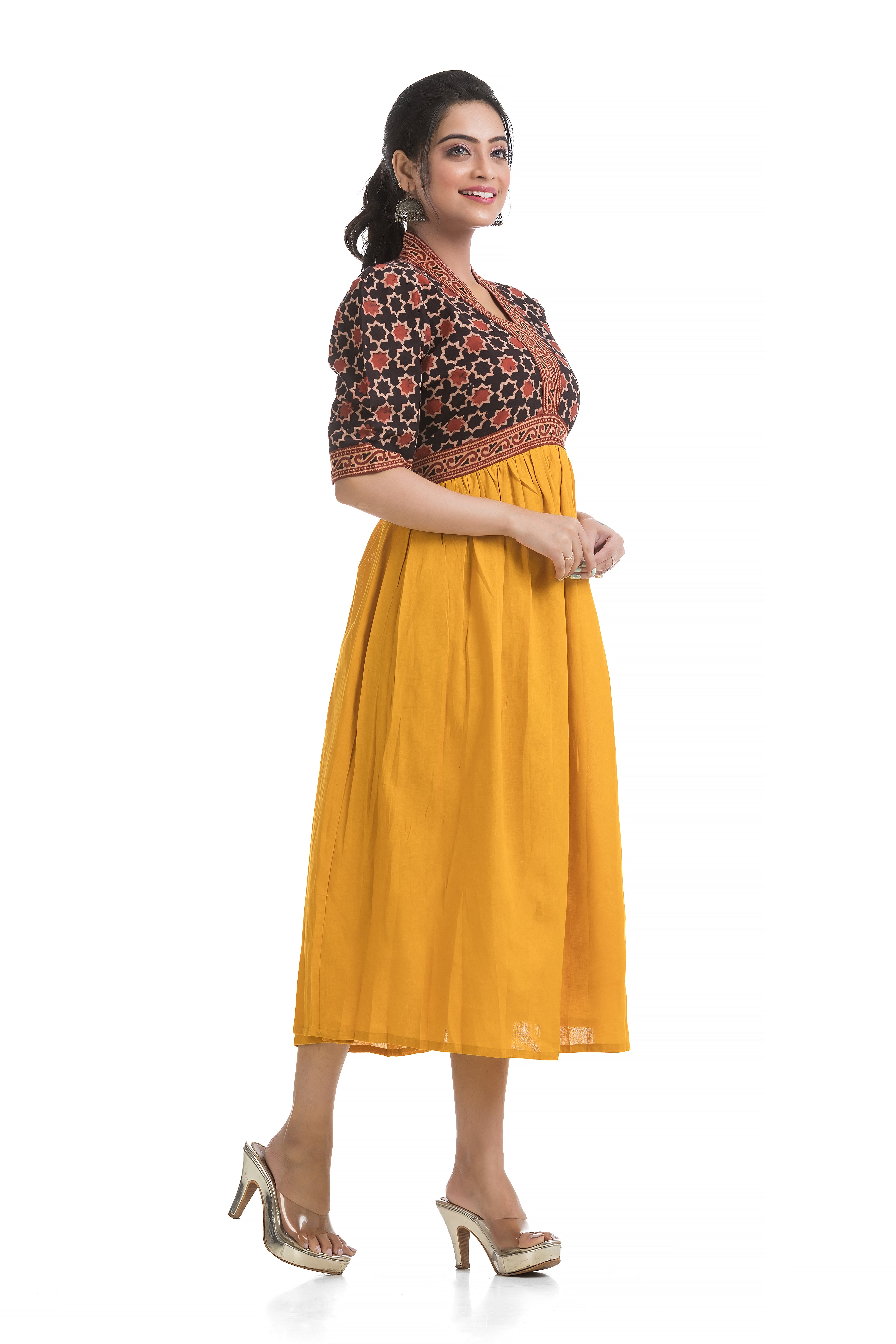 Ajrakh Hand Block Yellow Aliya Dress with Lacework