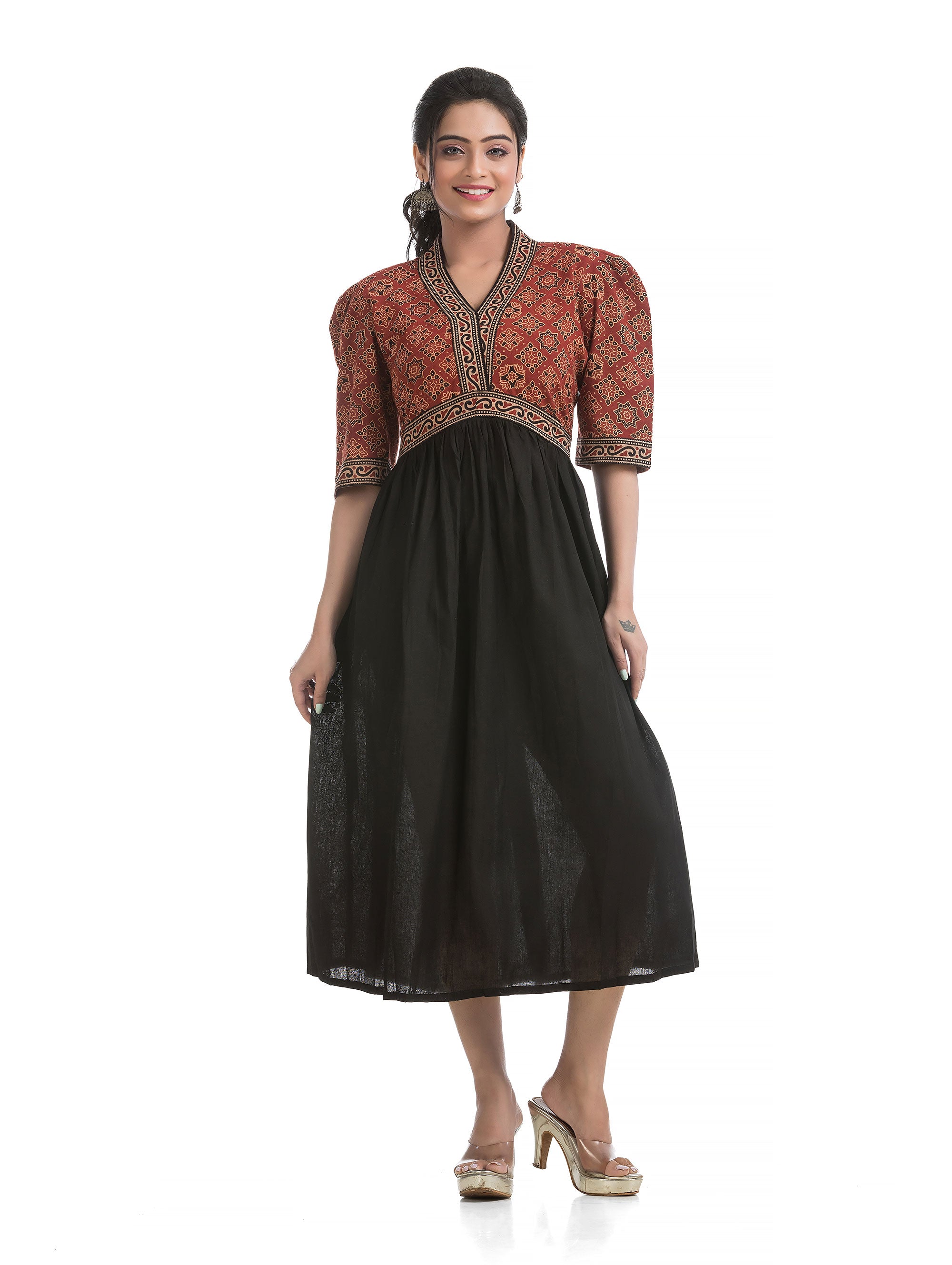 Black and Maroon Combined Aliya Dress with V-Neck