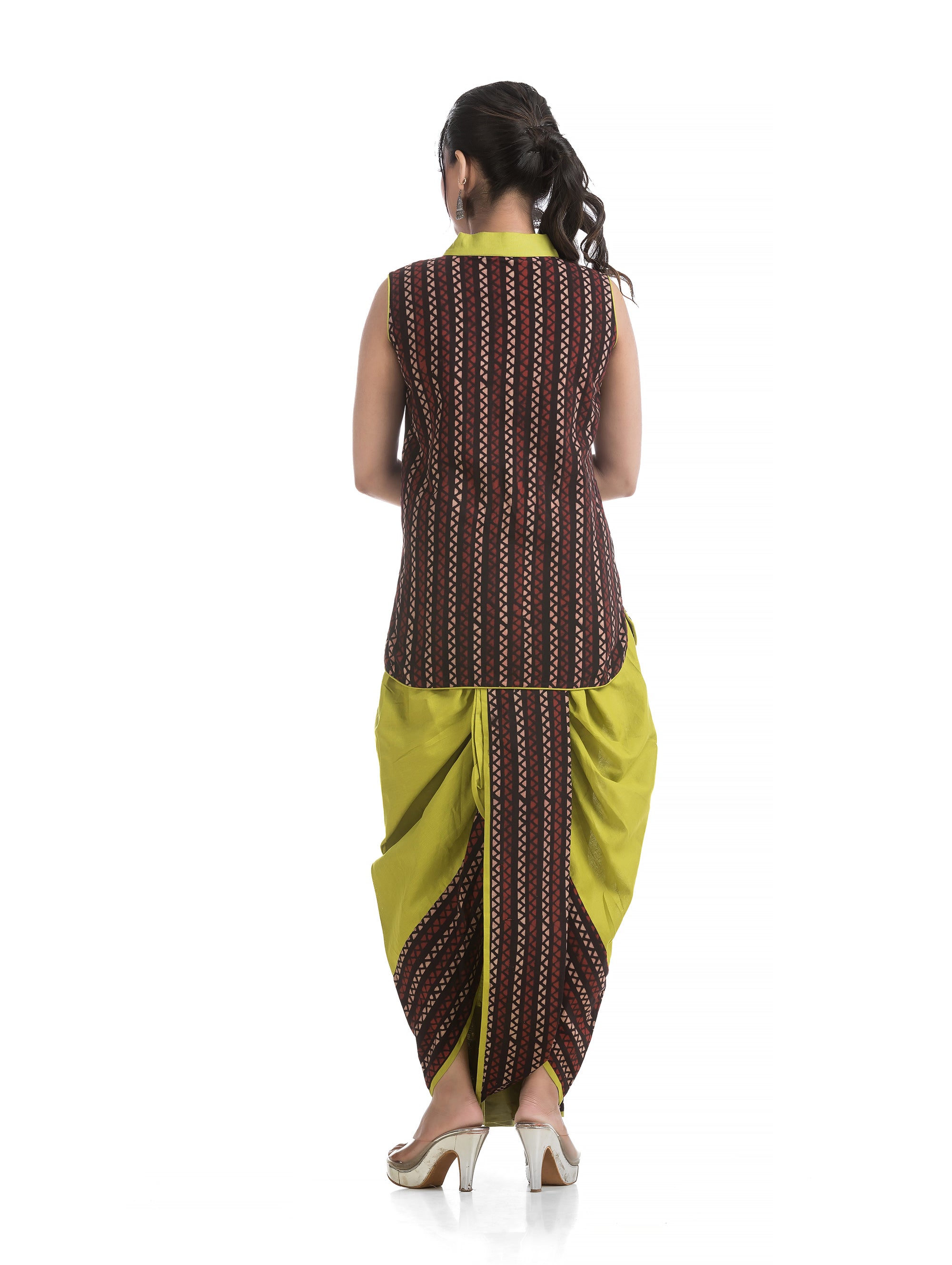 Green Pleated Dhoti with Asymmetric Block Printed Top