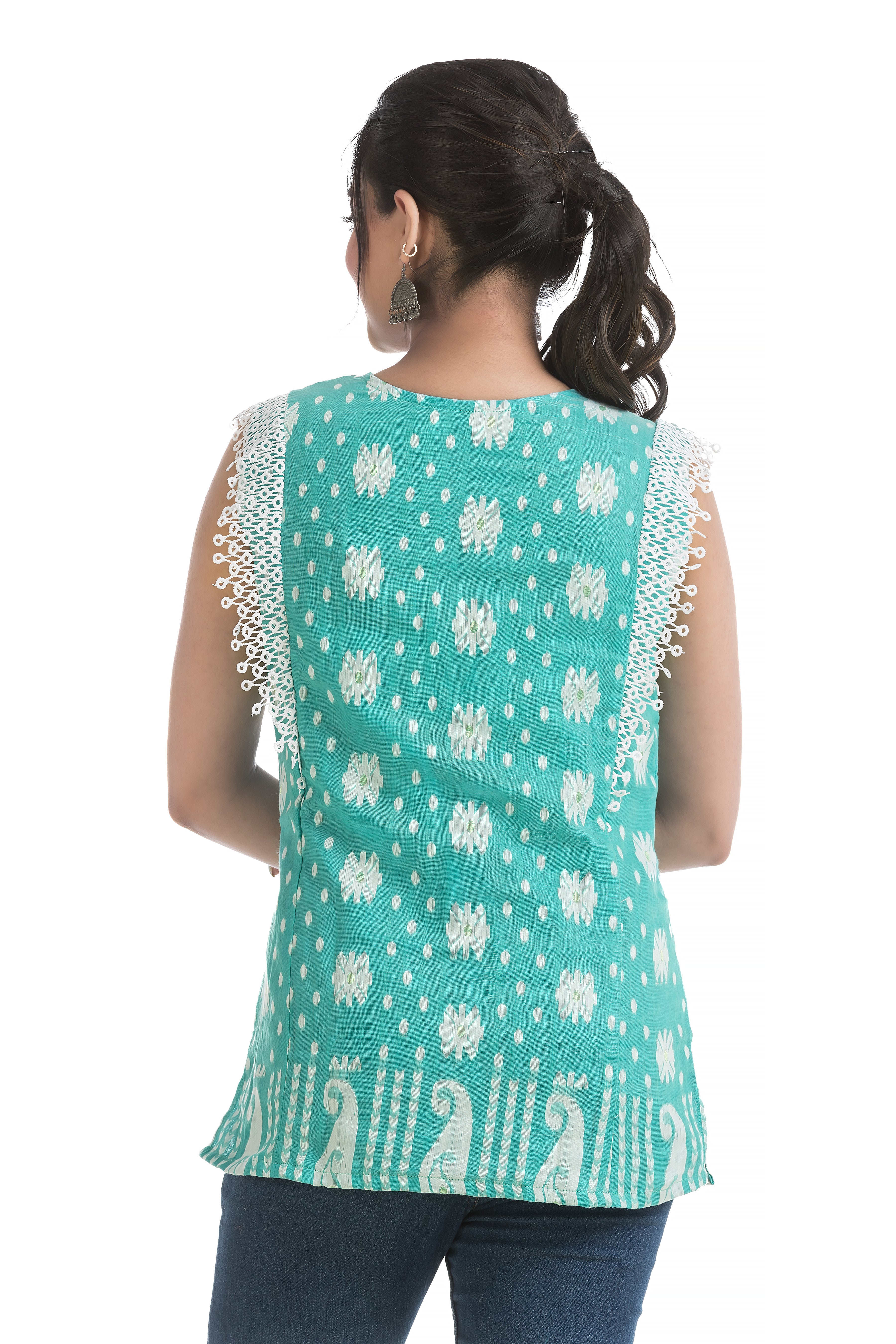 Turquoise Blue Cotton Jamdani Top with Lace