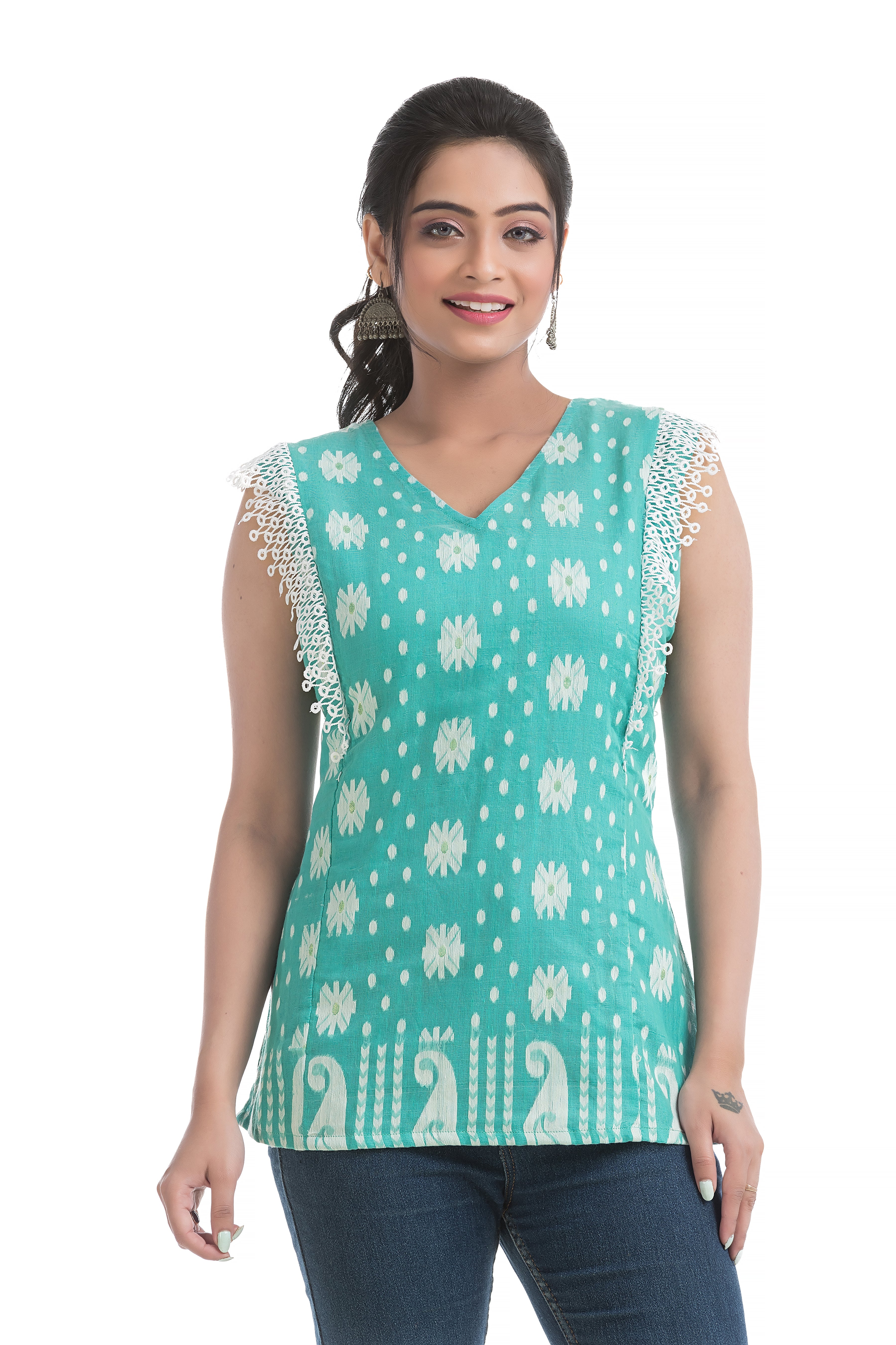 Turquoise Blue Cotton Jamdani Top with Lace