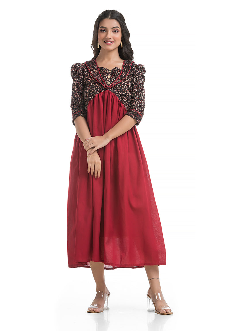 Flap Design Puffed Sleeve Dress in Maroon