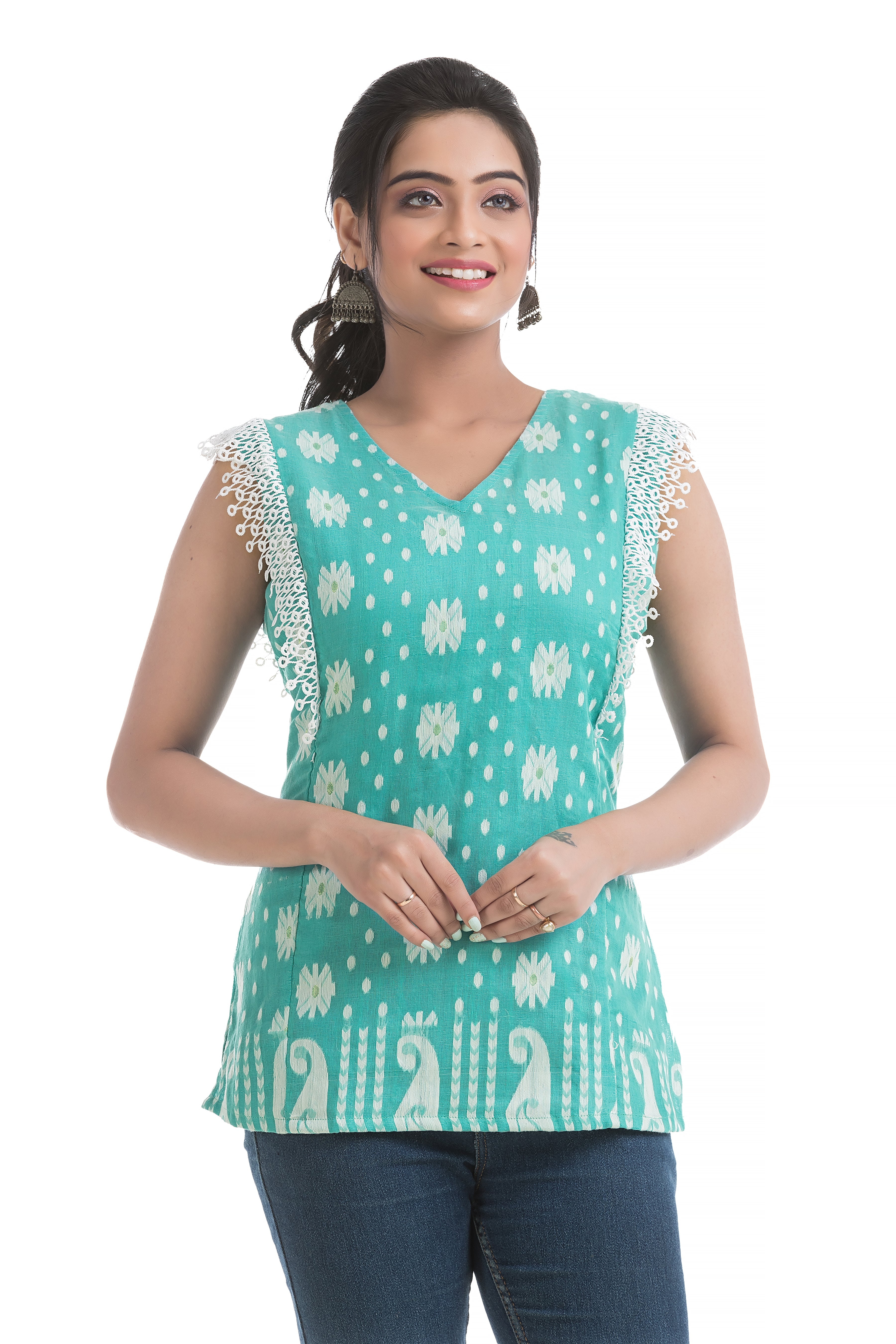 Turquoise Blue Cotton Jamdani Top with Lace