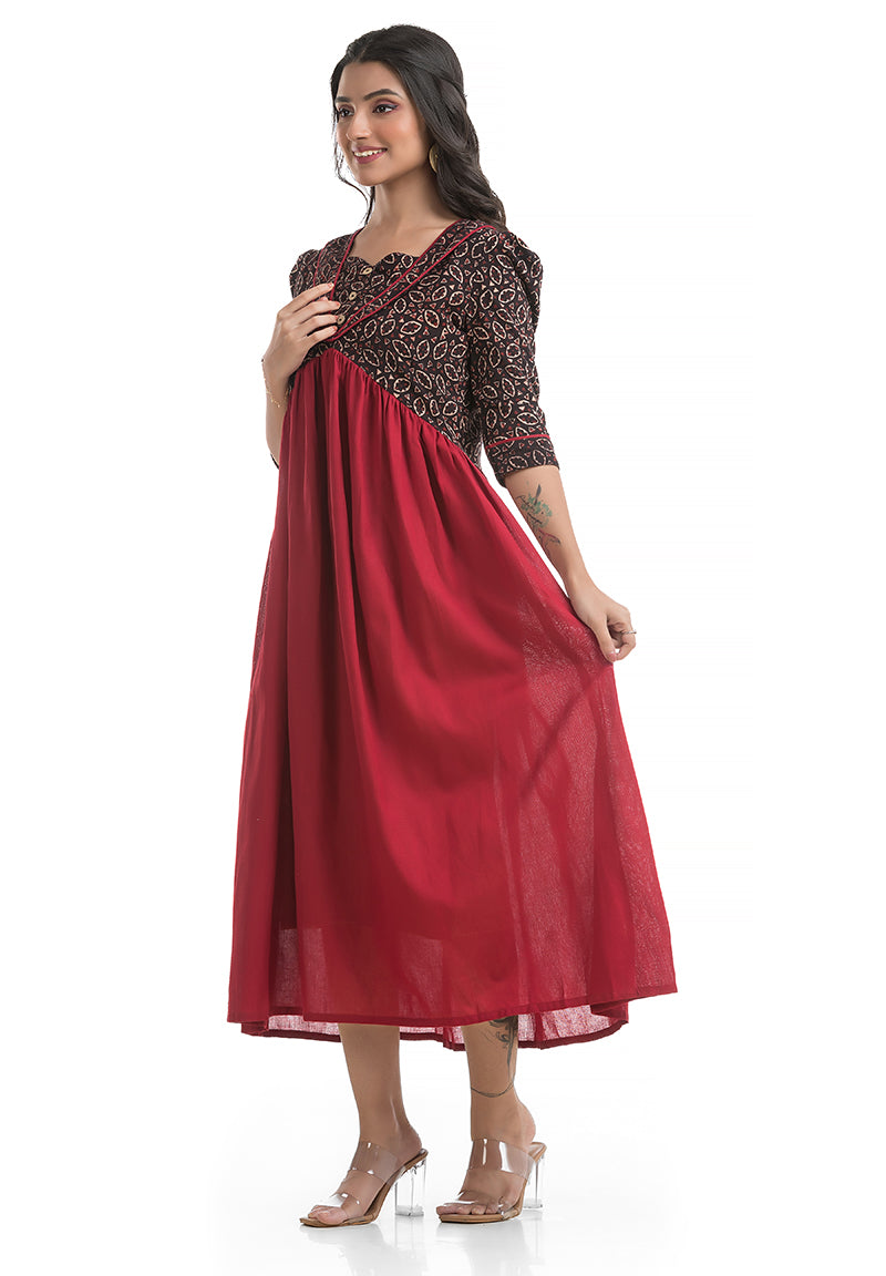 Flap Design Puffed Sleeve Dress in Maroon