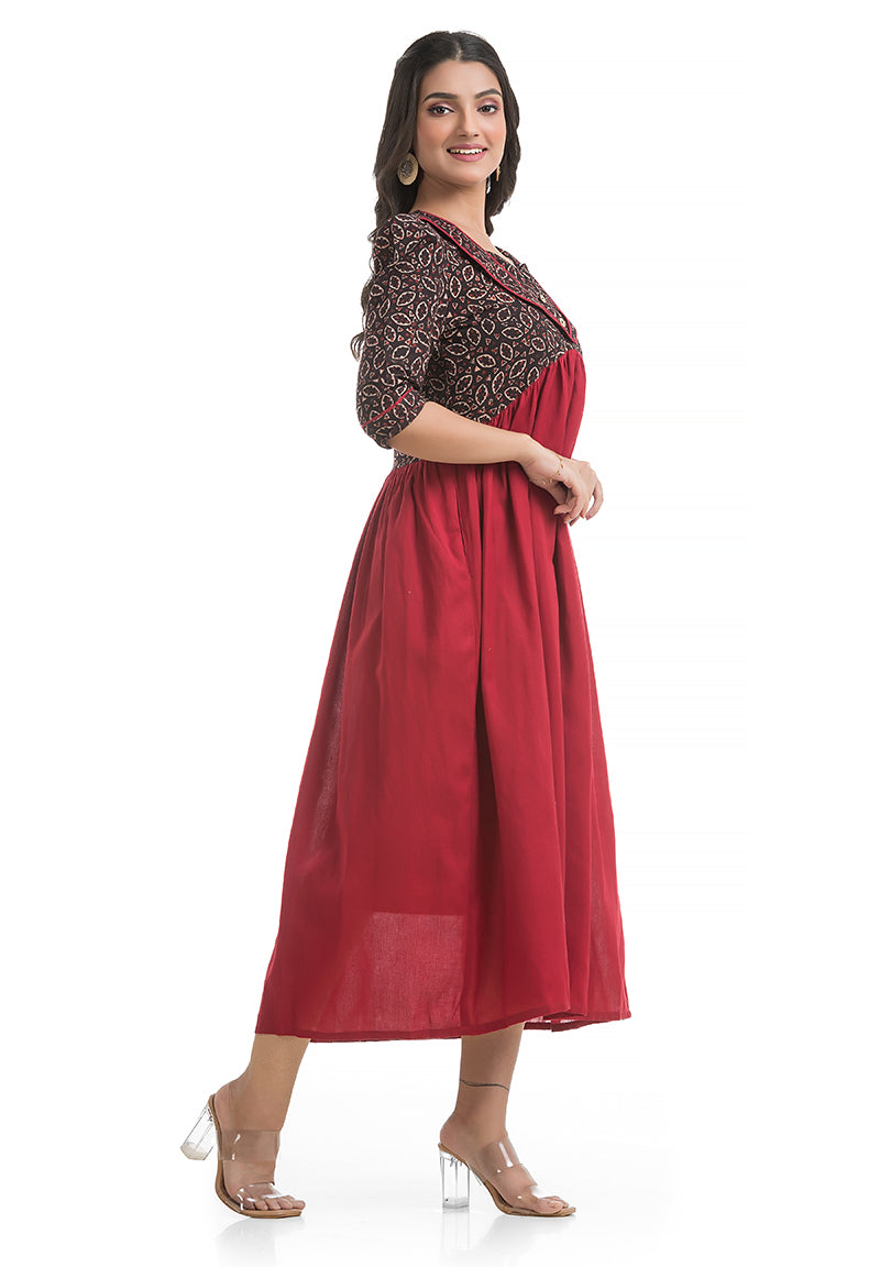 Flap Design Puffed Sleeve Dress in Maroon