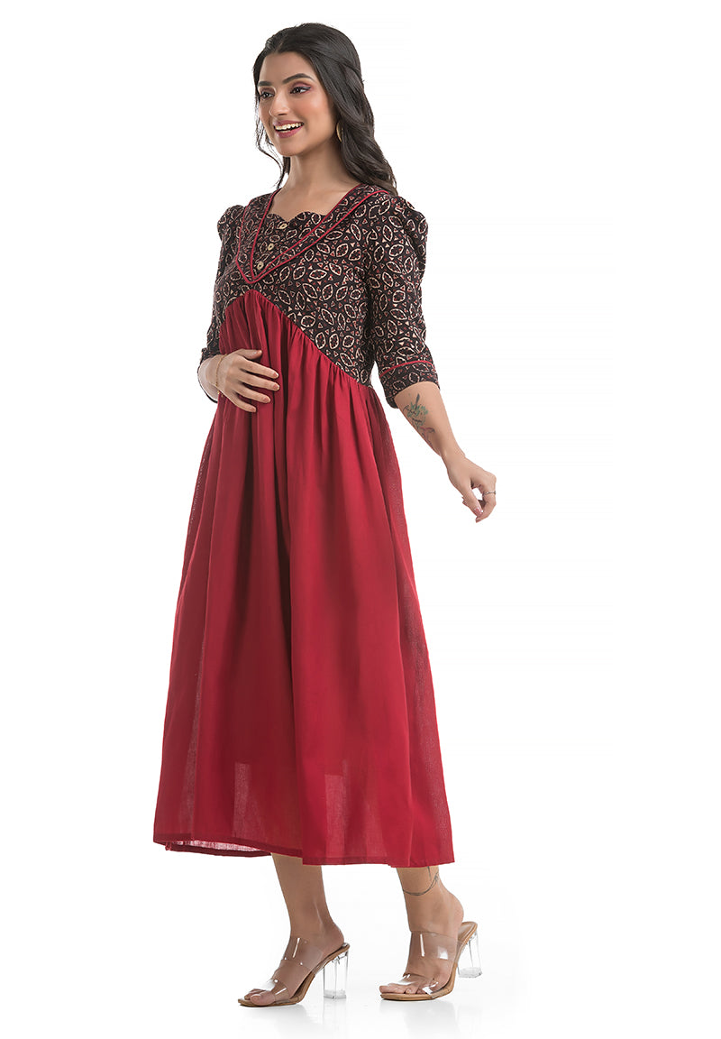 Flap Design Puffed Sleeve Dress in Maroon