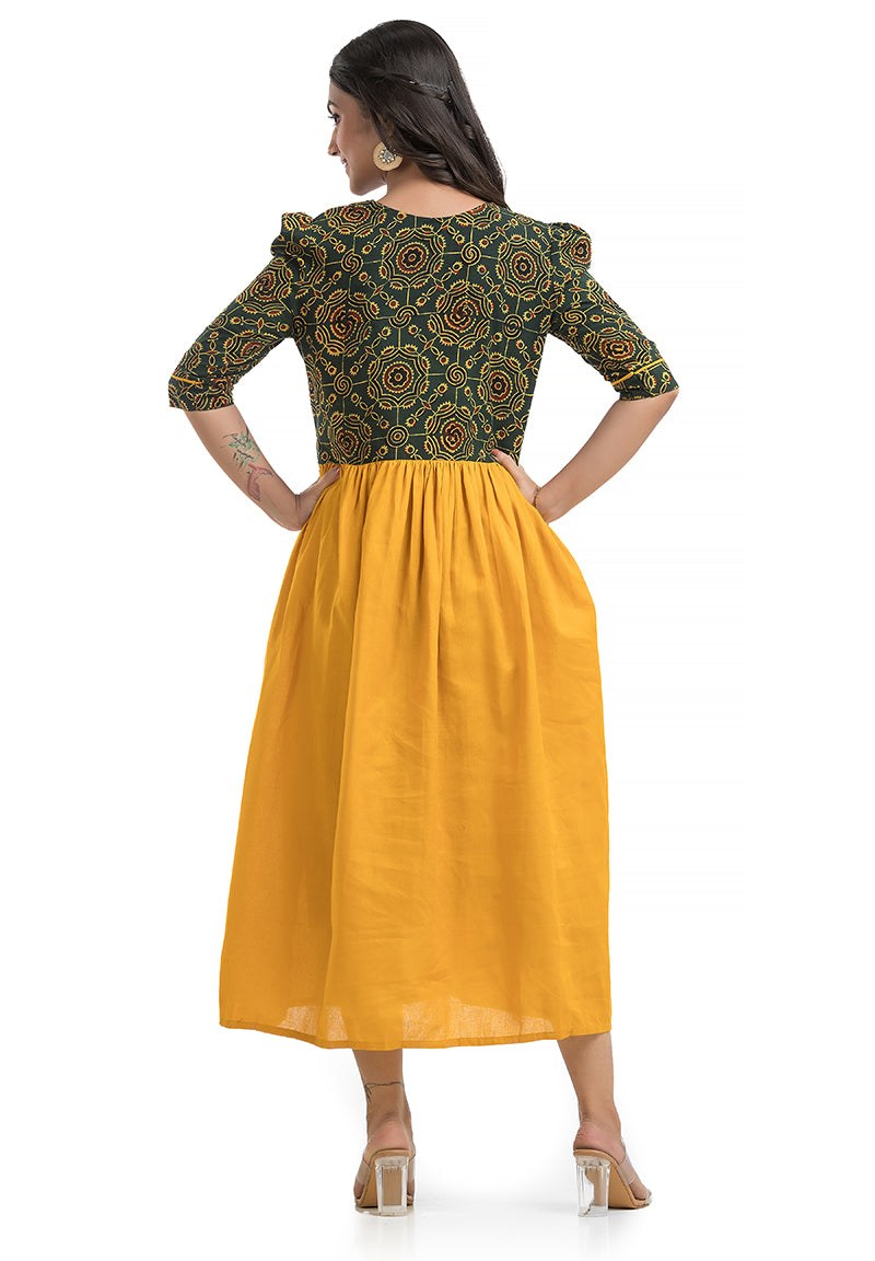 Gorgeous Yellow Dress Combined with Natural Green Hand Block Ajrakh