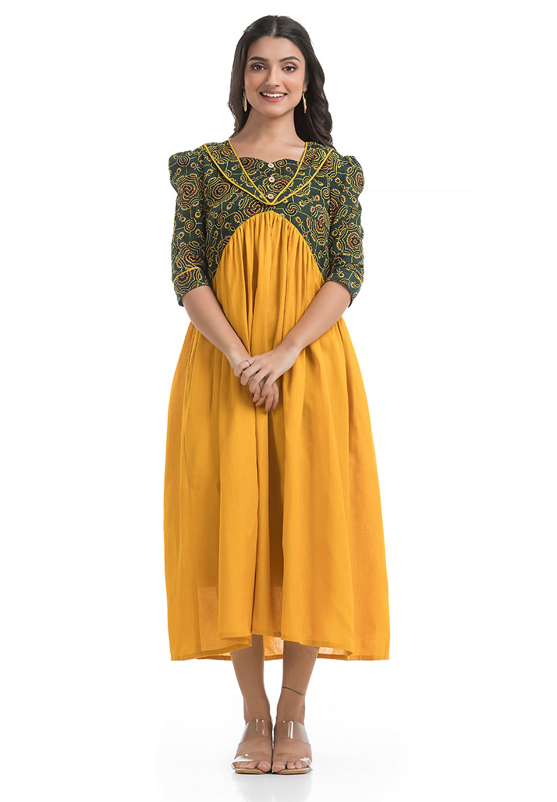 Gorgeous Yellow Dress Combined with Natural Green Hand Block Ajrakh