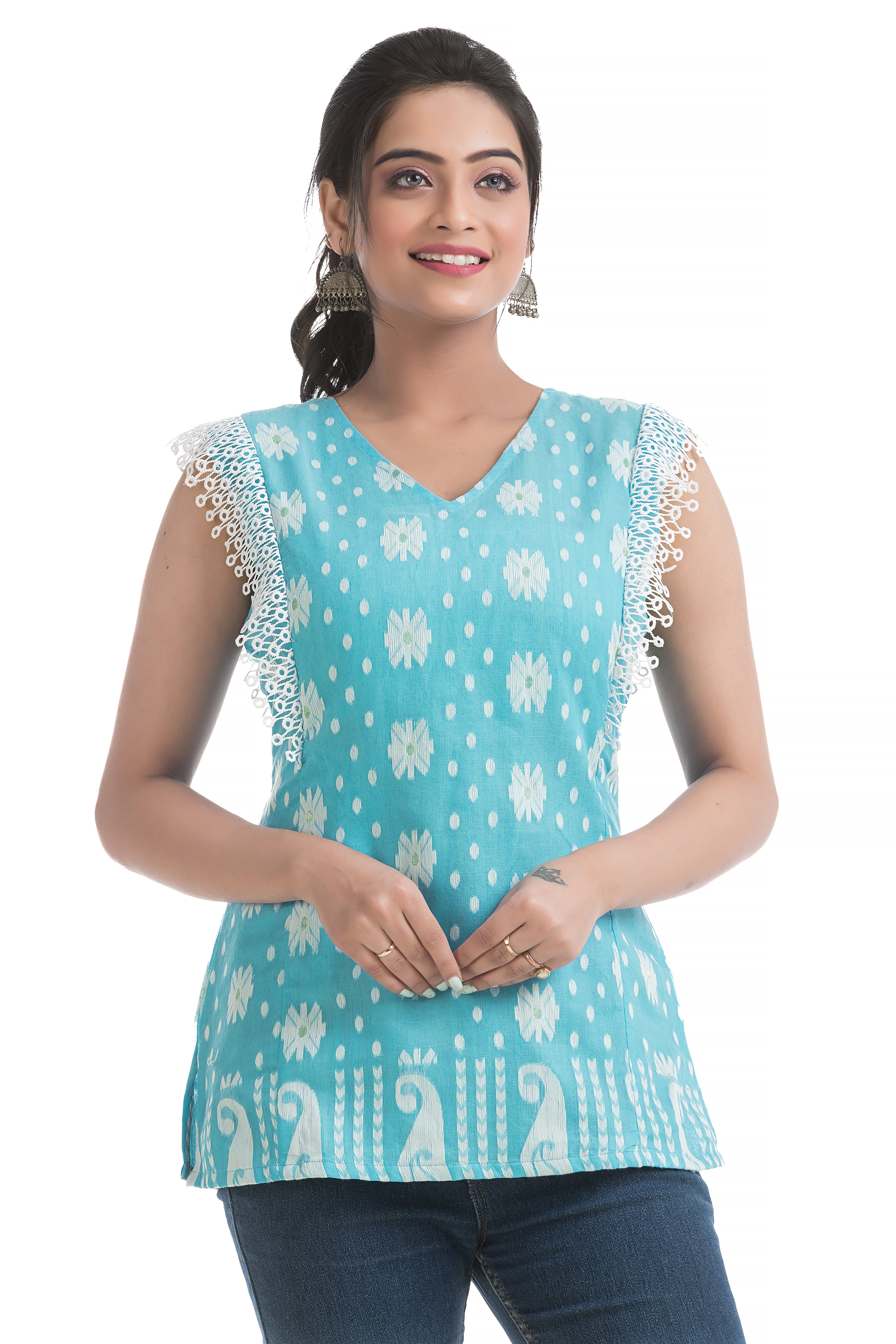 Sky Blue Cotton Jamdani Top with Lace