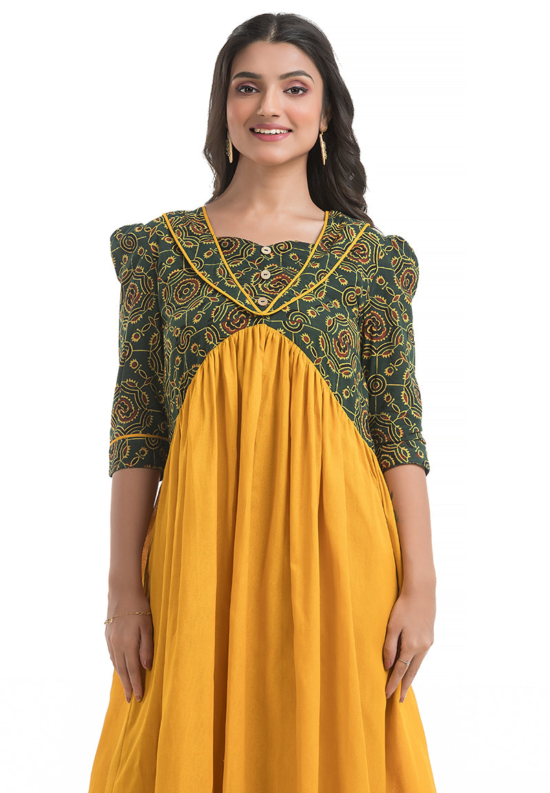 Gorgeous Yellow Dress Combined with Natural Green Hand Block Ajrakh