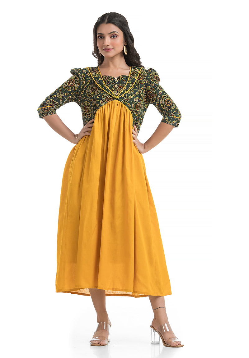 Gorgeous Yellow Dress Combined with Natural Green Hand Block Ajrakh