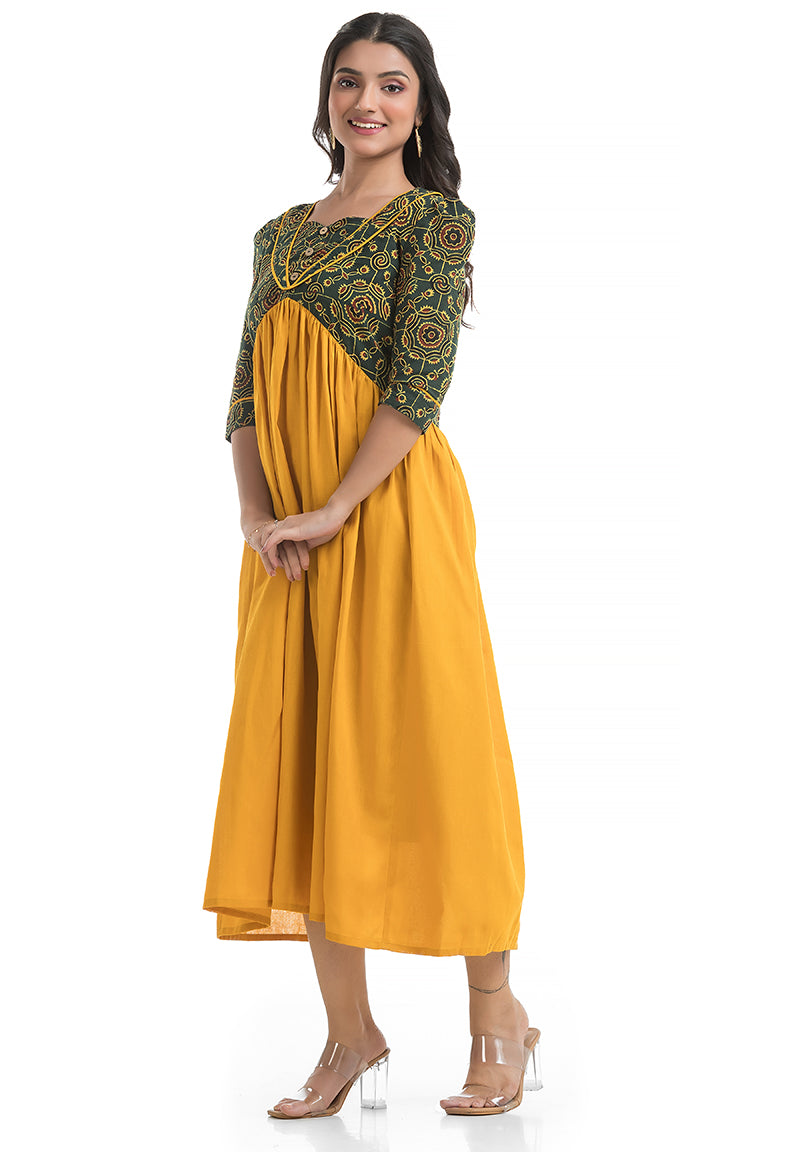 Gorgeous Yellow Dress Combined with Natural Green Hand Block Ajrakh