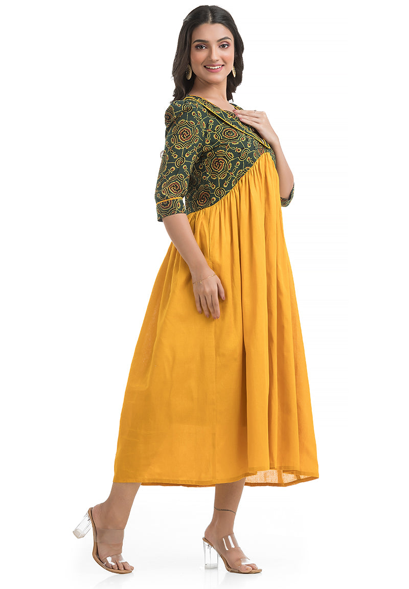 Gorgeous Yellow Dress Combined with Natural Green Hand Block Ajrakh