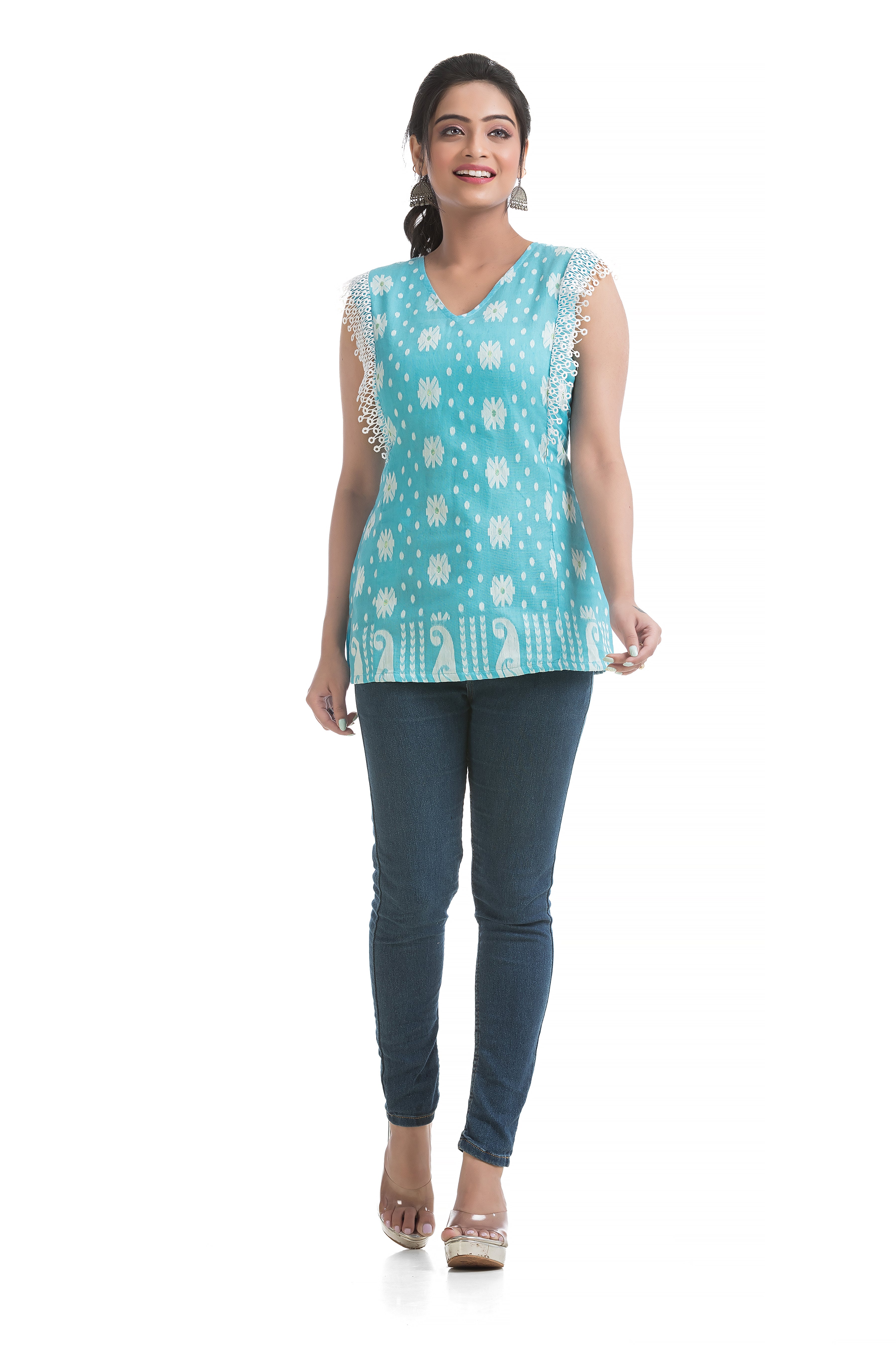 Sky Blue Cotton Jamdani Top with Lace