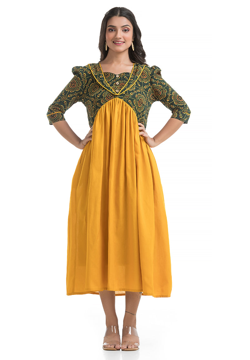 Gorgeous Yellow Dress Combined with Natural Green Hand Block Ajrakh