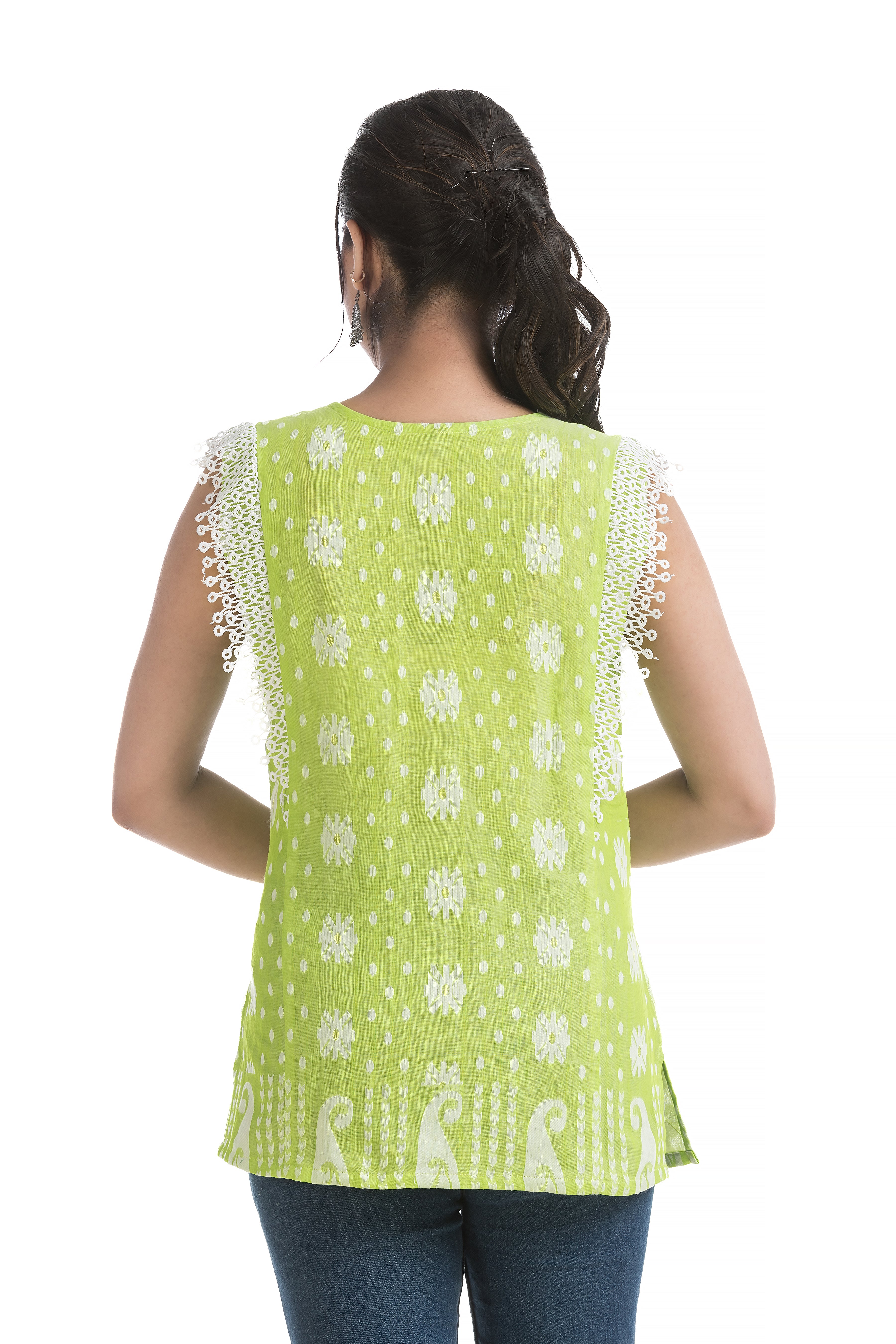 Neon Green Cotton Jamdani Top with Lace