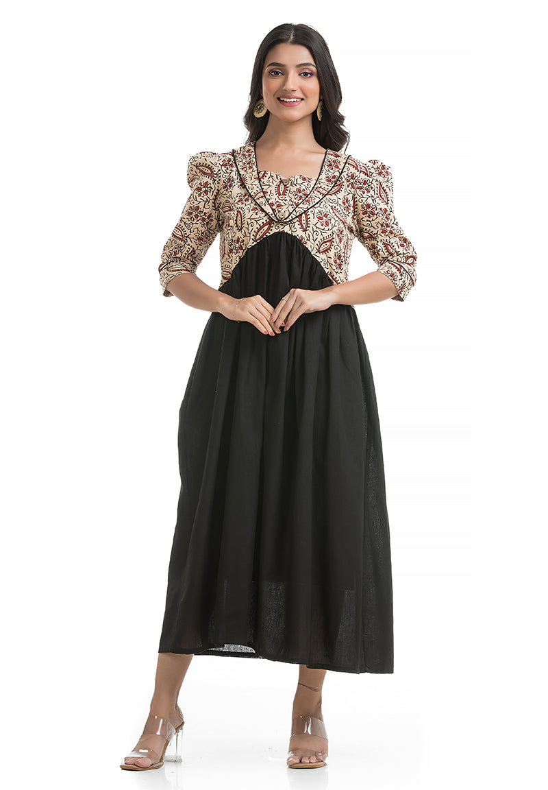 Frock Style Black with Off White Ajrakh Dress