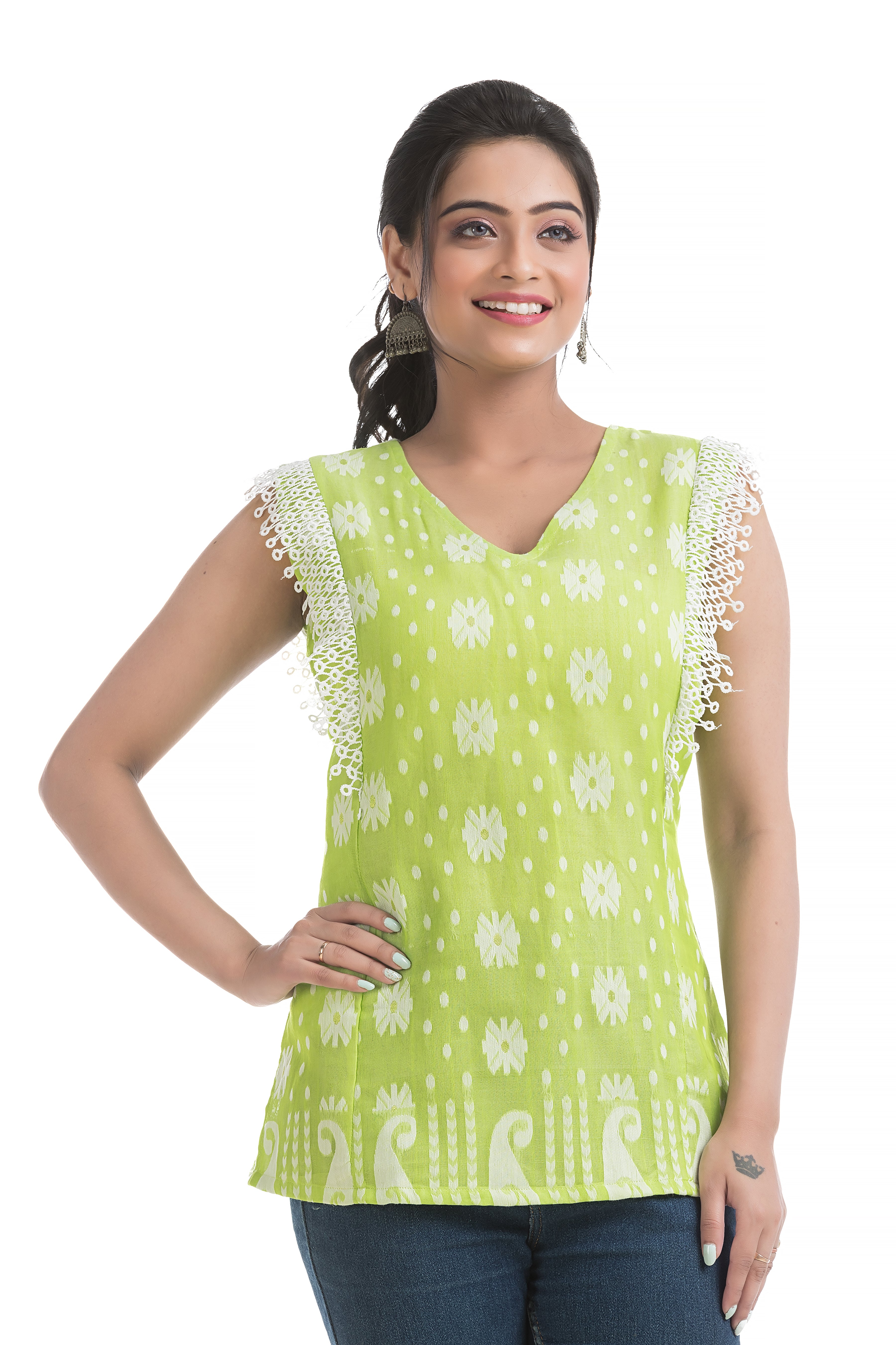 Neon Green Cotton Jamdani Top with Lace