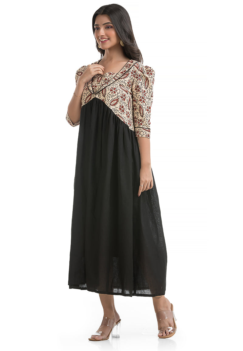 Frock Style Black with Off White Ajrakh Dress