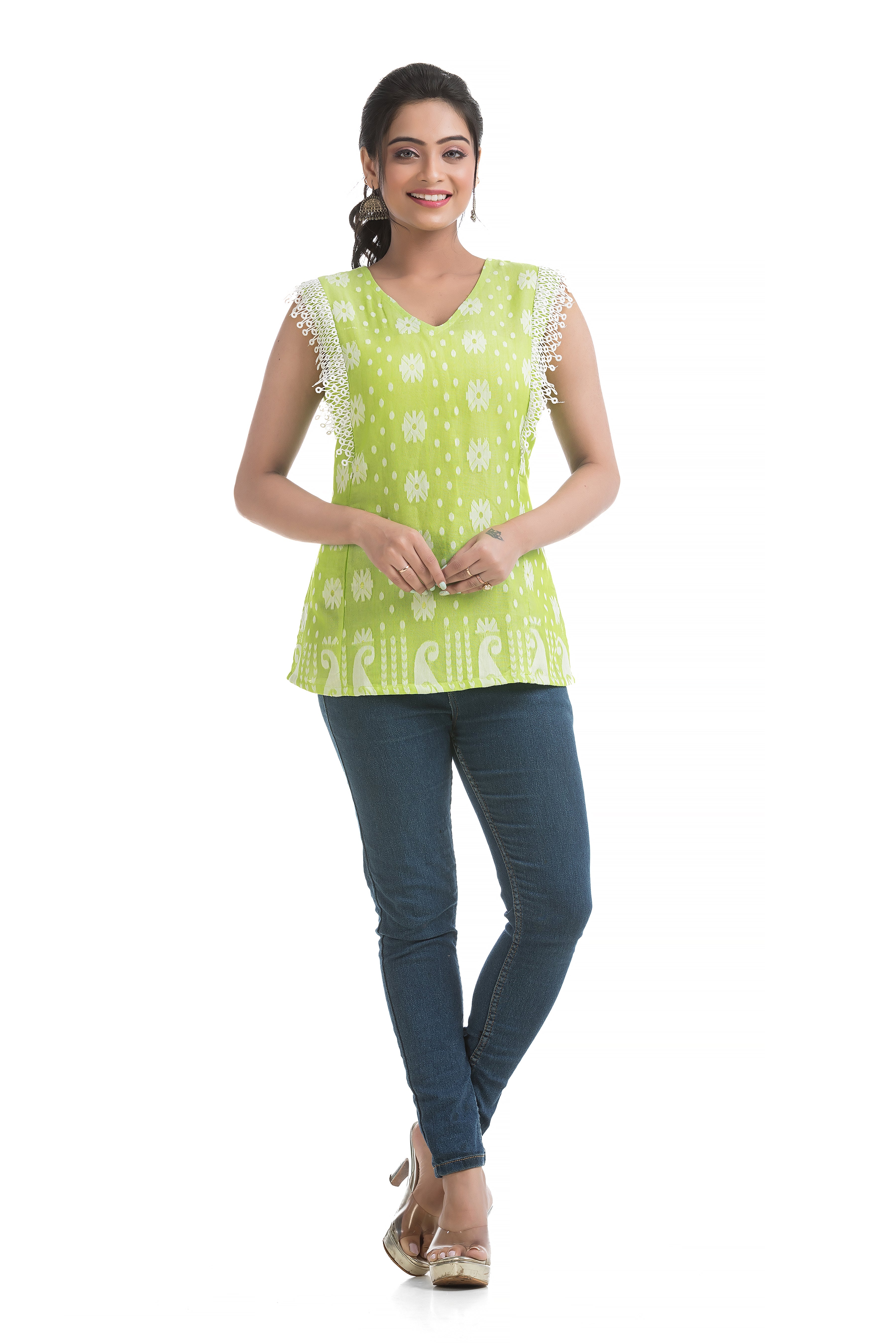 Neon Green Cotton Jamdani Top with Lace