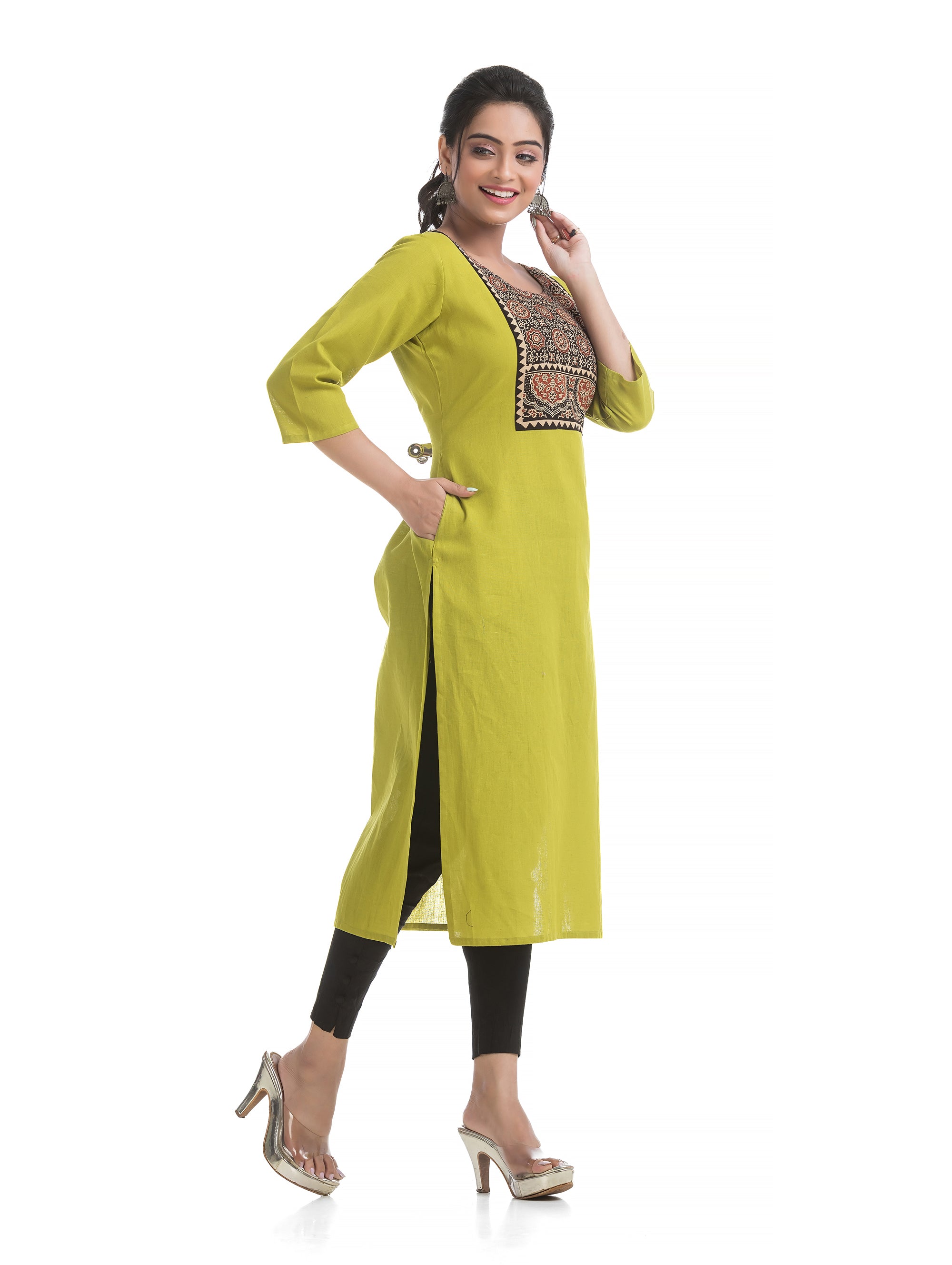 Black Ajrakh Patchwork on Lime Green Straight Kurti