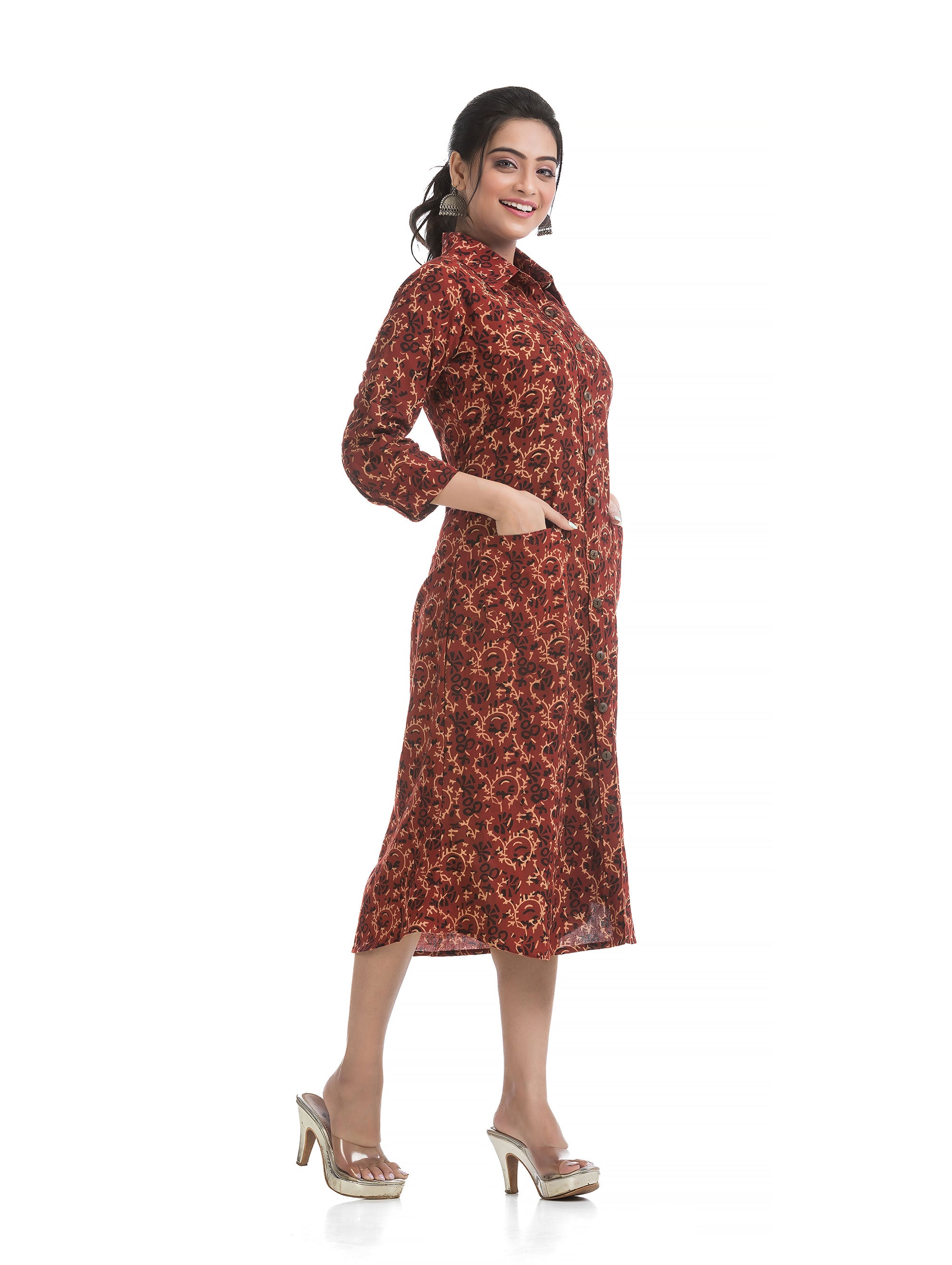 Maroon Ajrakh Hand Block Collar Dress