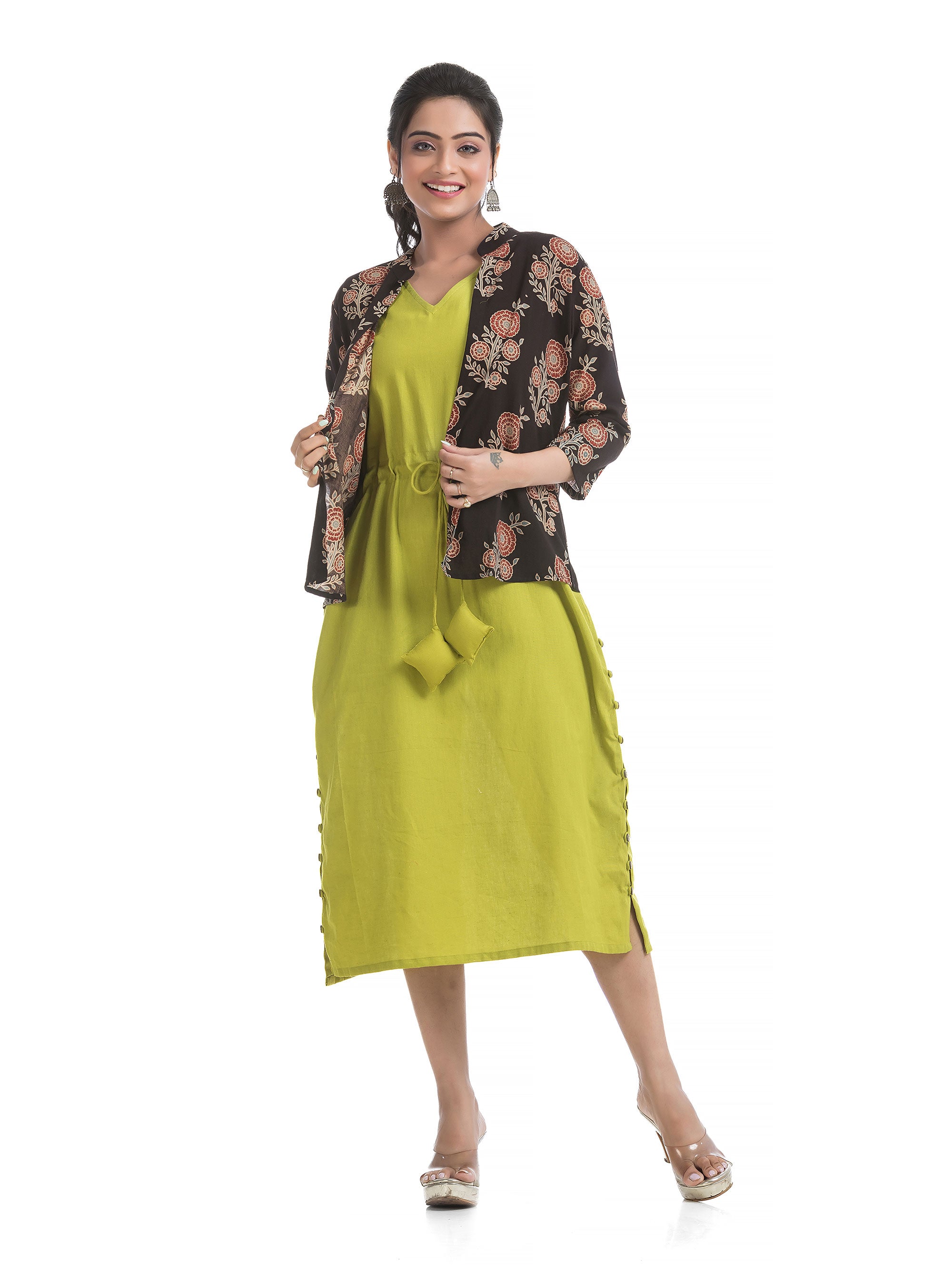 Drawstirng Green Dress with Ajrakh Printed Jacket