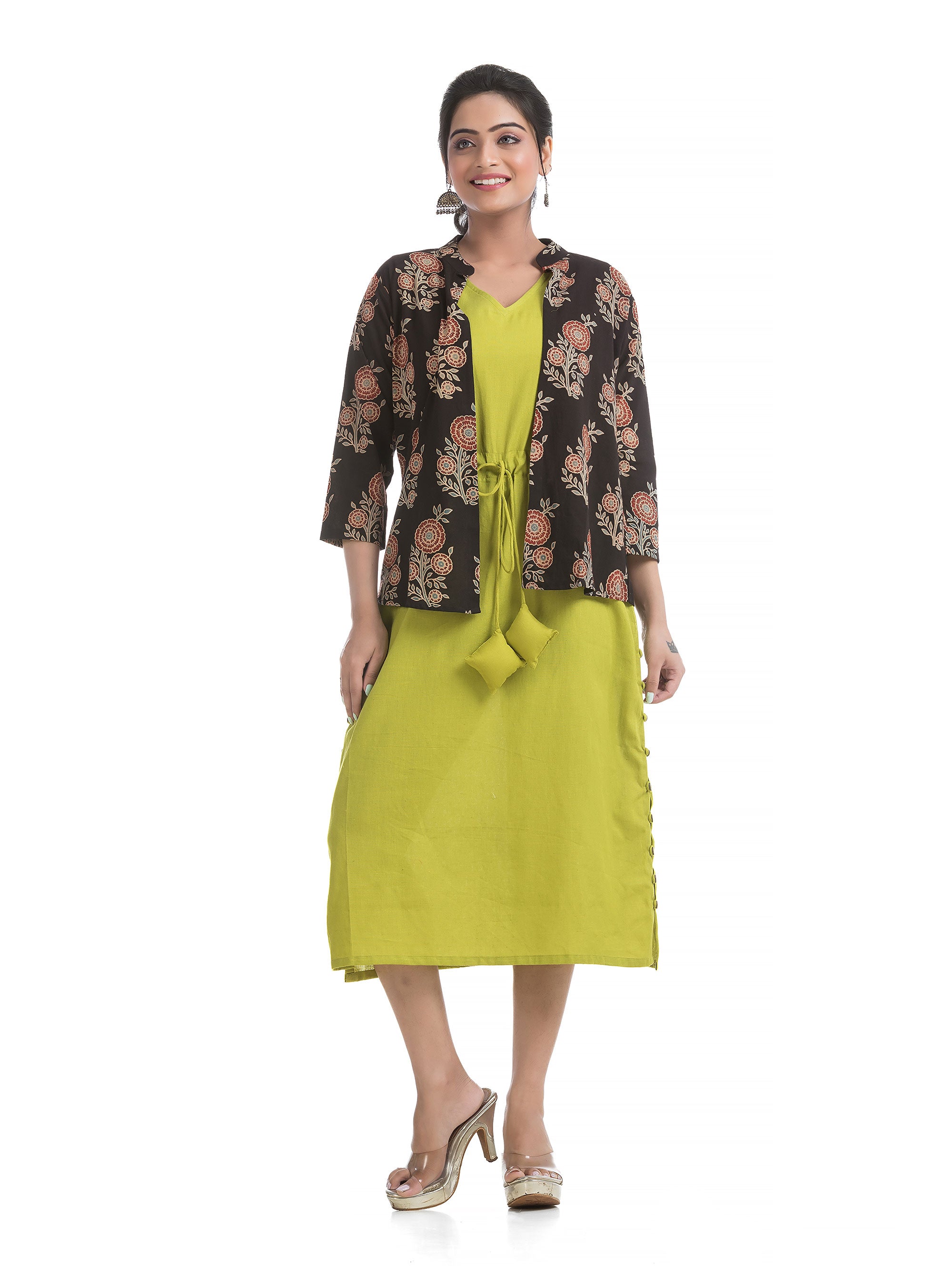 Drawstirng Green Dress with Ajrakh Printed Jacket