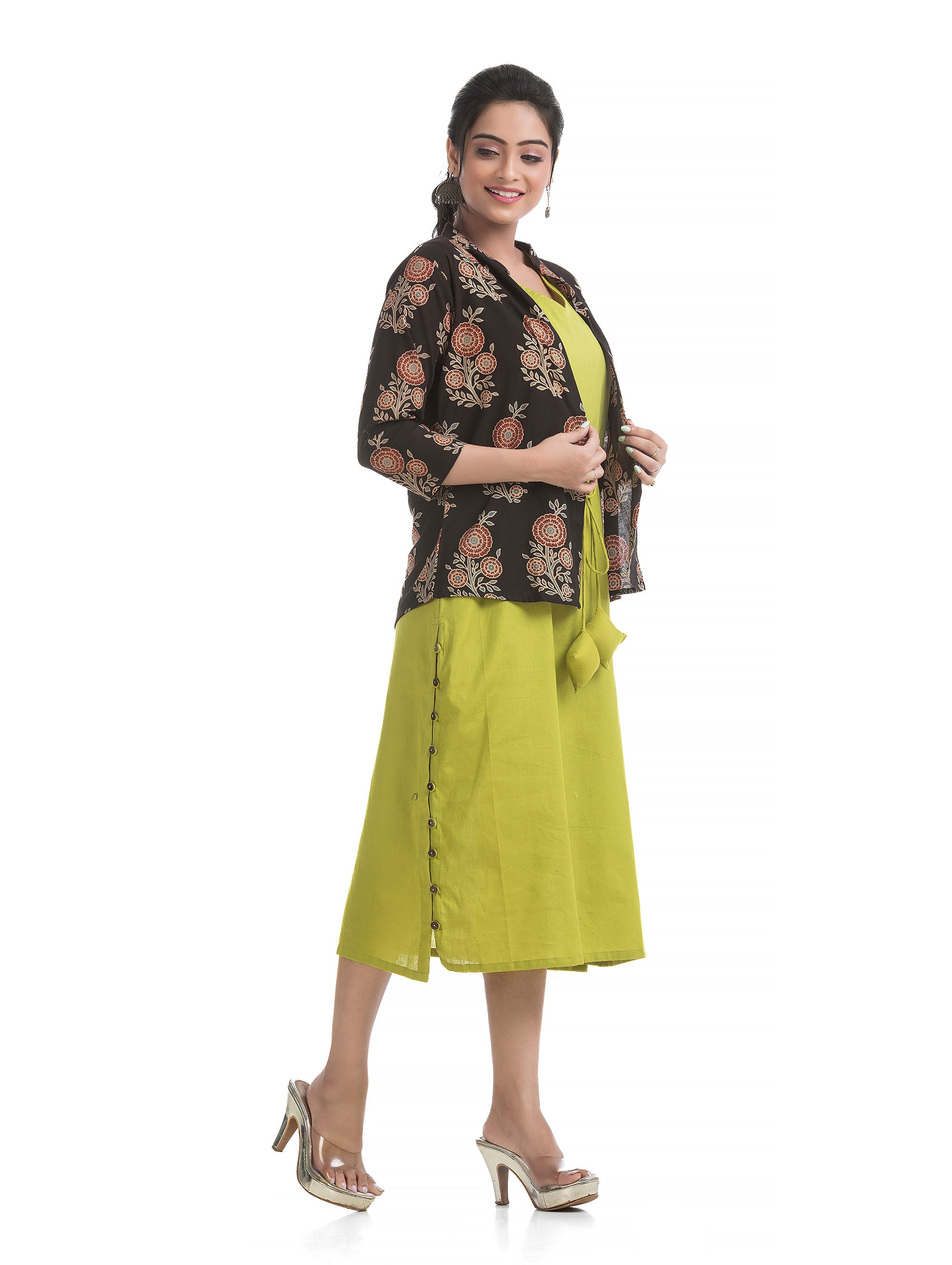 Drawstirng Green Dress with Ajrakh Printed Jacket