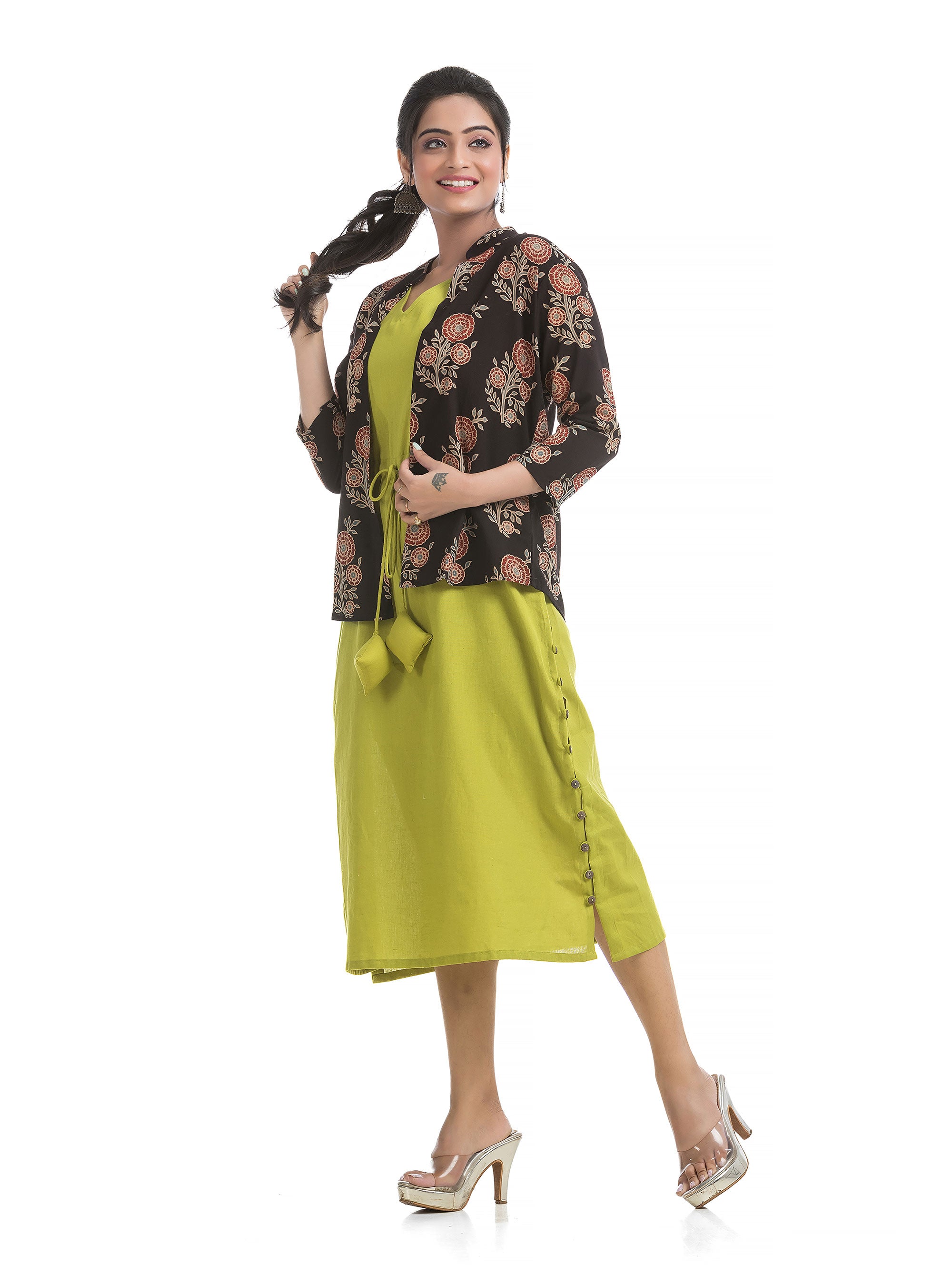 Drawstirng Green Dress with Ajrakh Printed Jacket