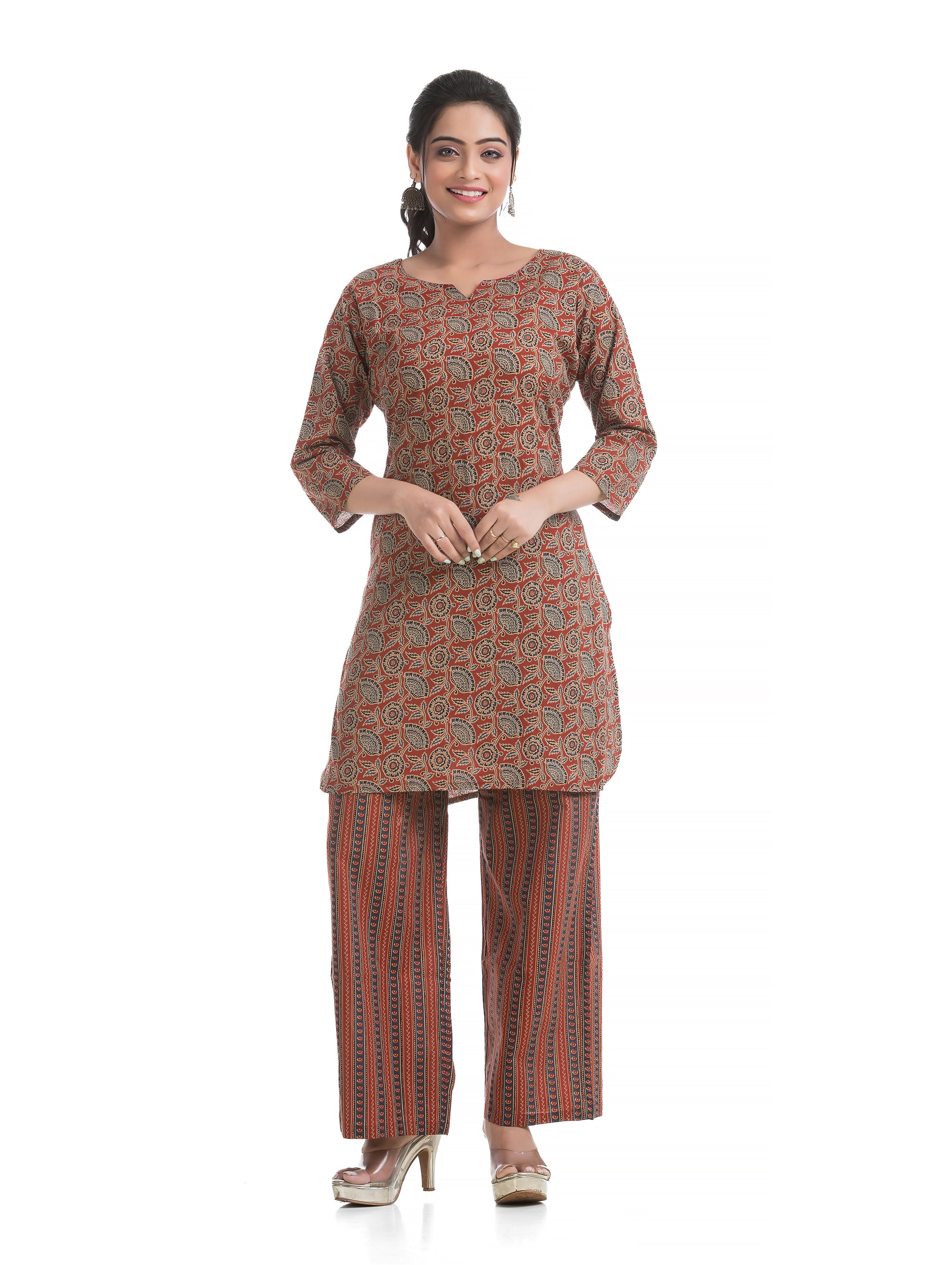 Maroon Ajrakh Printed Co-Ord Set with Three Quarter Sleeves