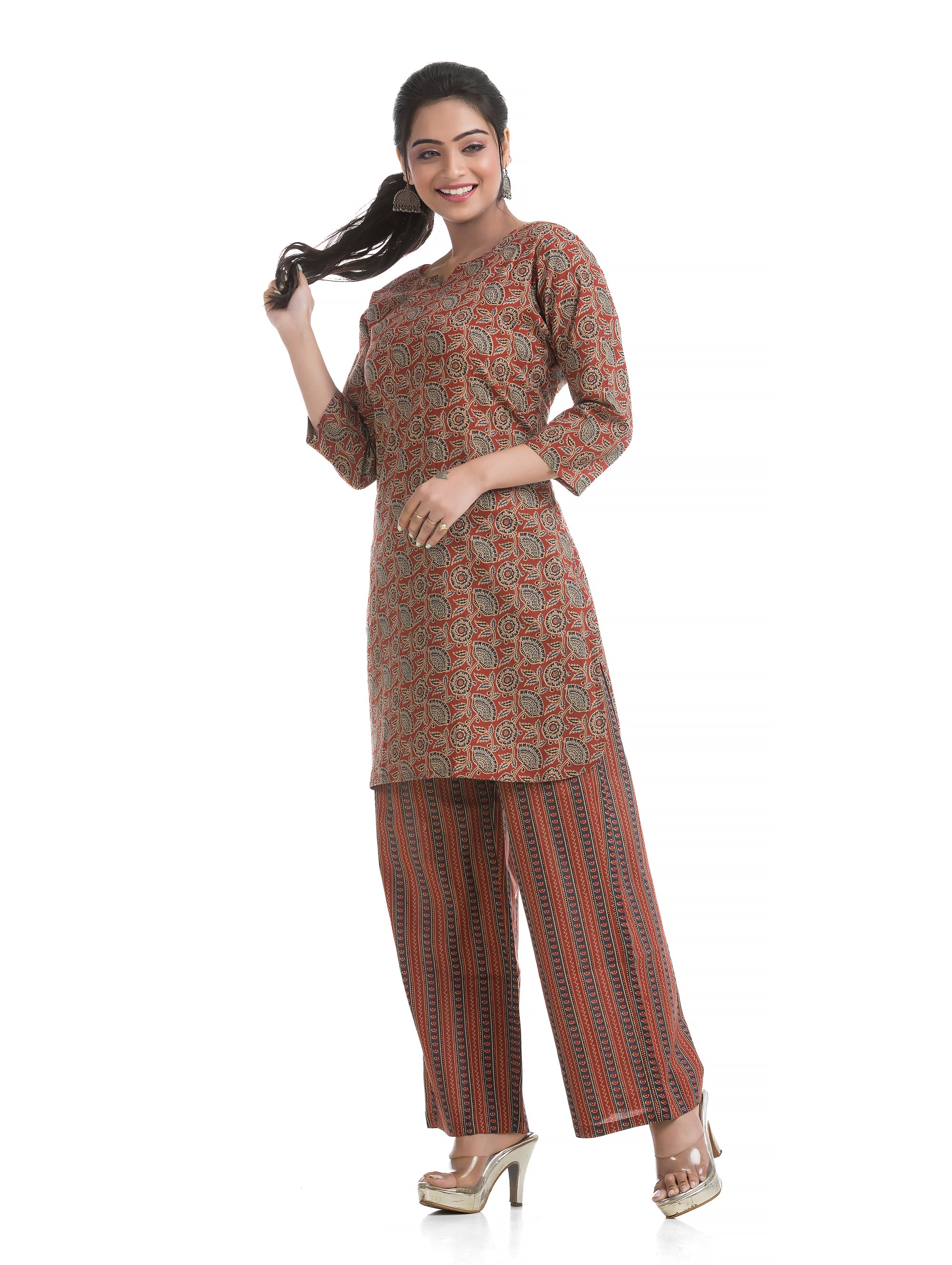 Maroon Ajrakh Printed Co-Ord Set with Three Quarter Sleeves