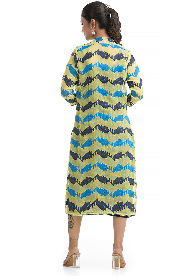 Lemon Yellow-Blue Jamdani Jacket with Black Inner Dress