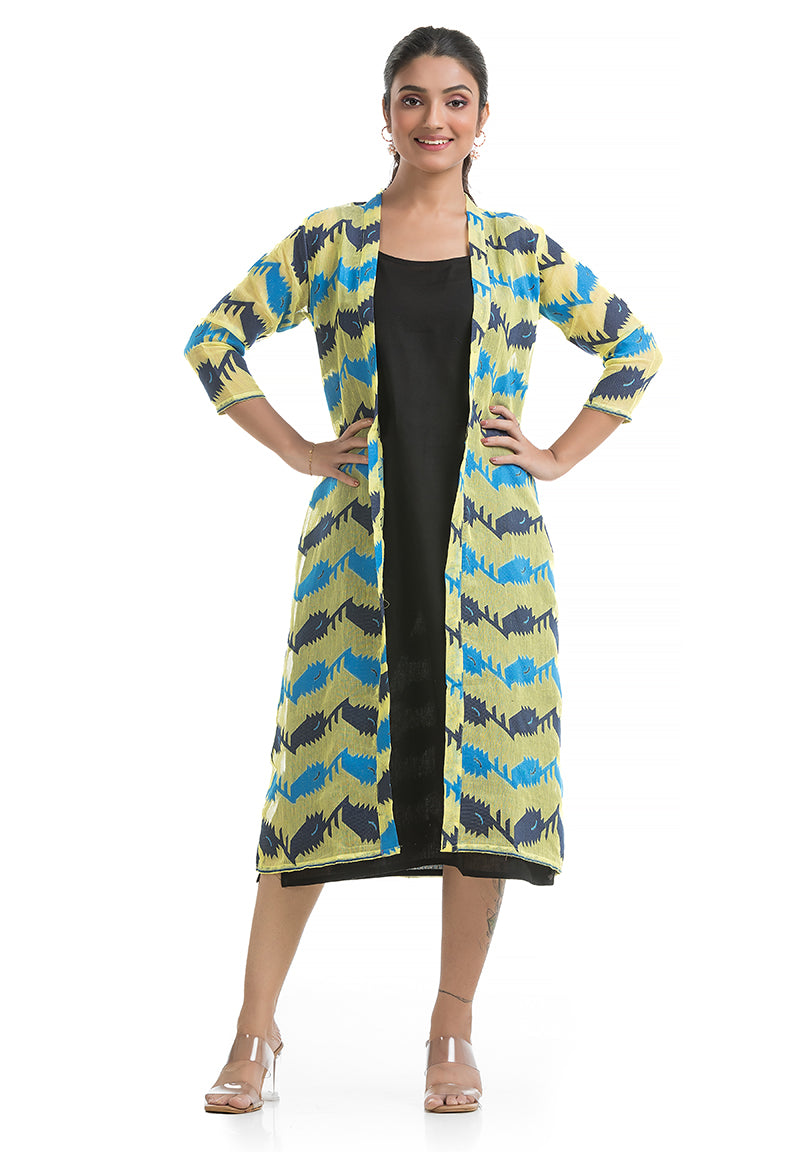 Lemon Yellow-Blue Jamdani Jacket with Black Inner Dress