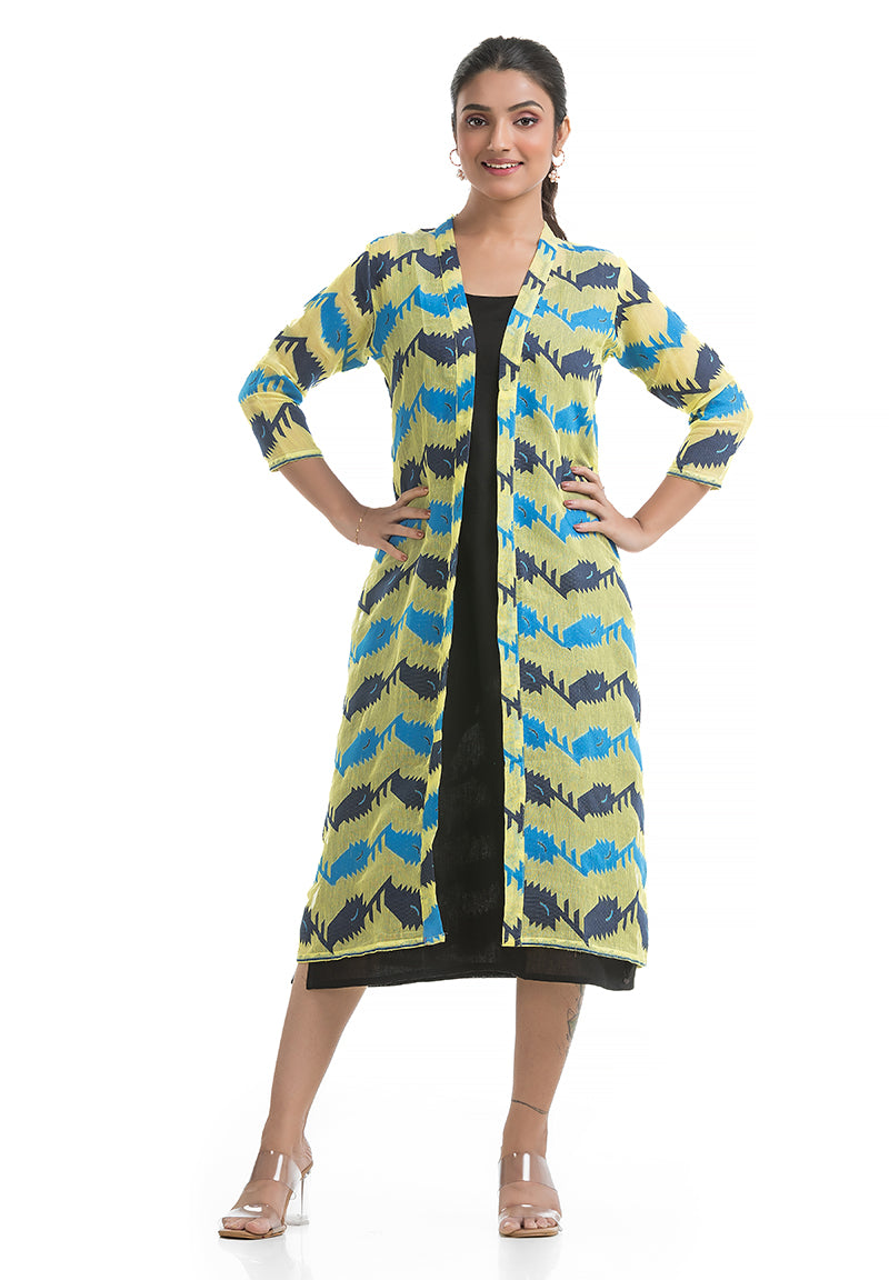 Lemon Yellow-Blue Jamdani Jacket with Black Inner Dress