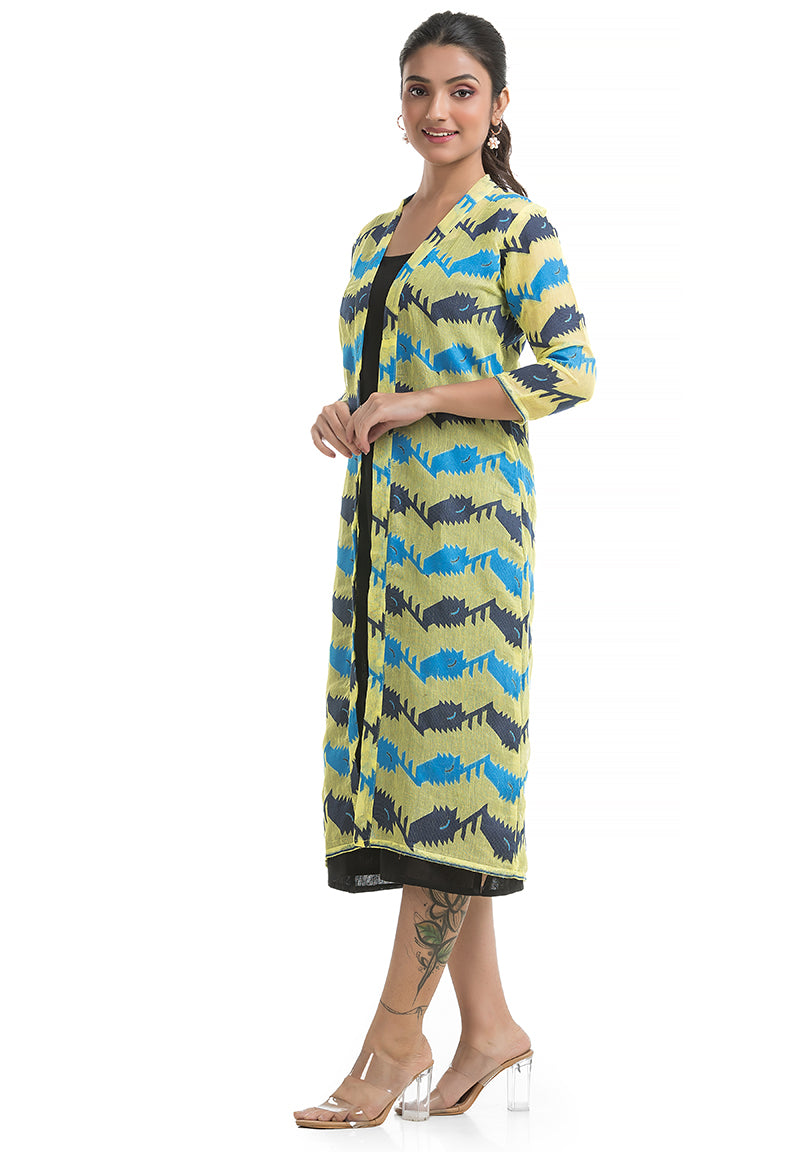 Lemon Yellow-Blue Jamdani Jacket with Black Inner Dress