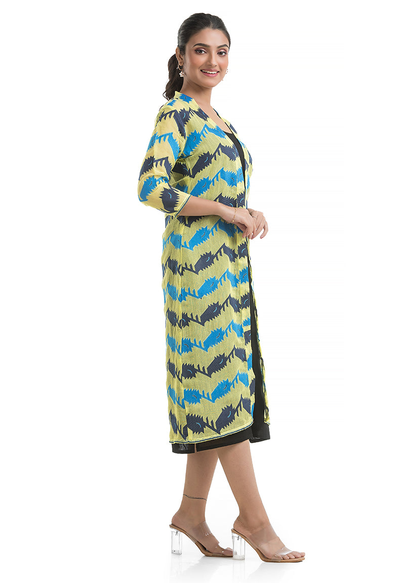 Lemon Yellow-Blue Jamdani Jacket with Black Inner Dress