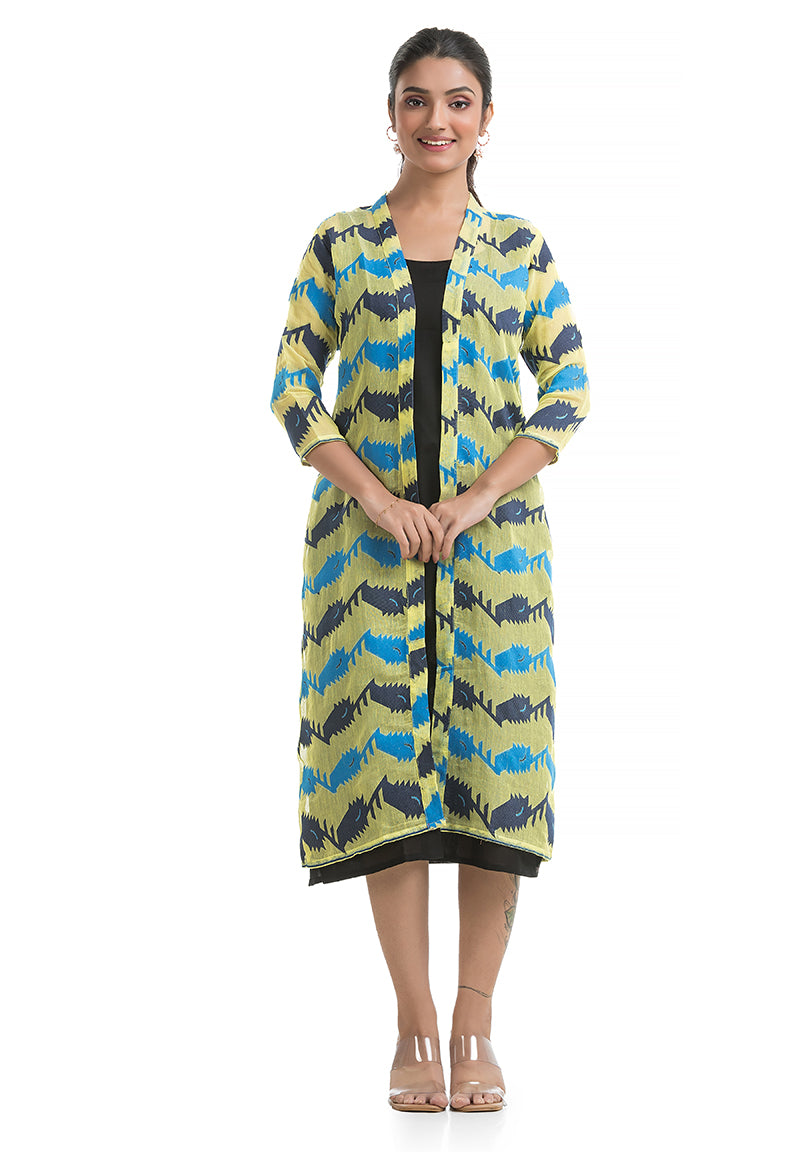 Lemon Yellow-Blue Jamdani Jacket with Black Inner Dress