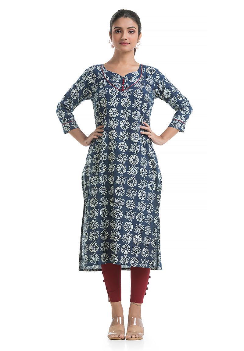 Blue Floral Sweetheart Neck Kurti