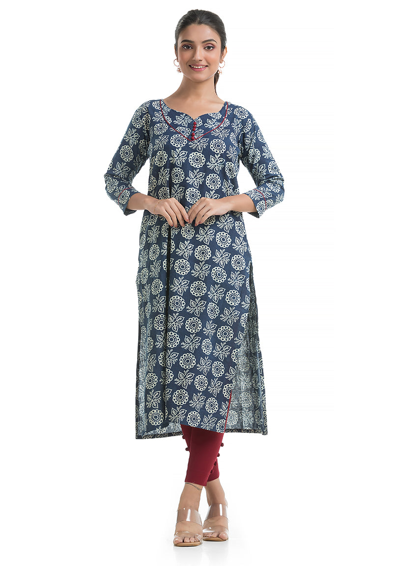 Blue Floral Sweetheart Neck Kurti