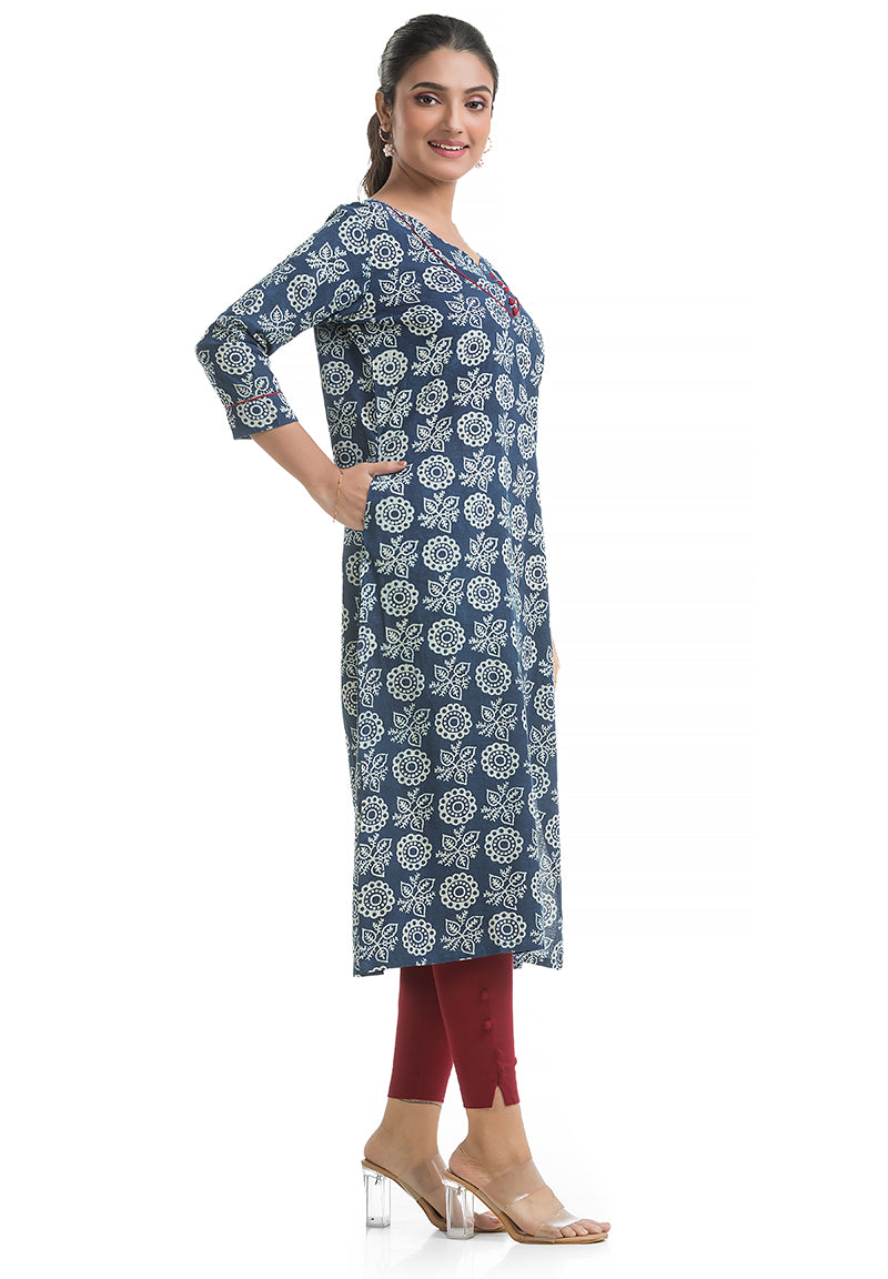 Blue Floral Sweetheart Neck Kurti