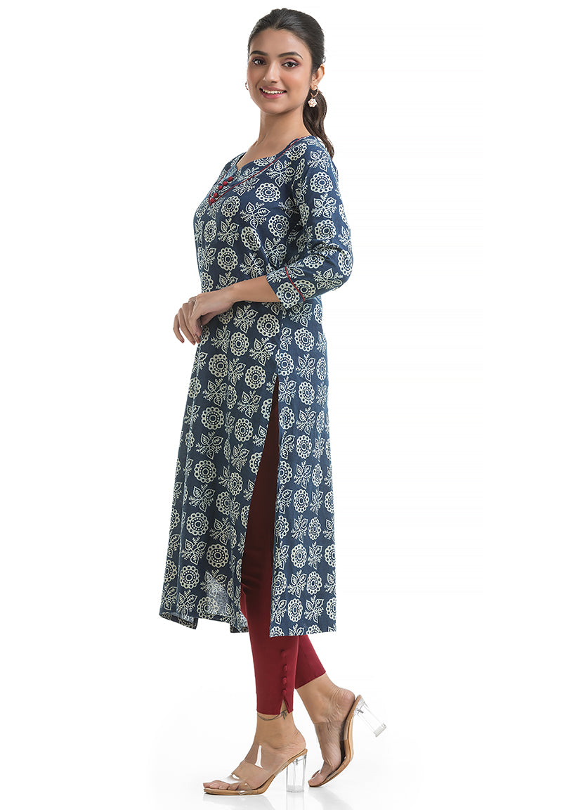 Blue Floral Sweetheart Neck Kurti