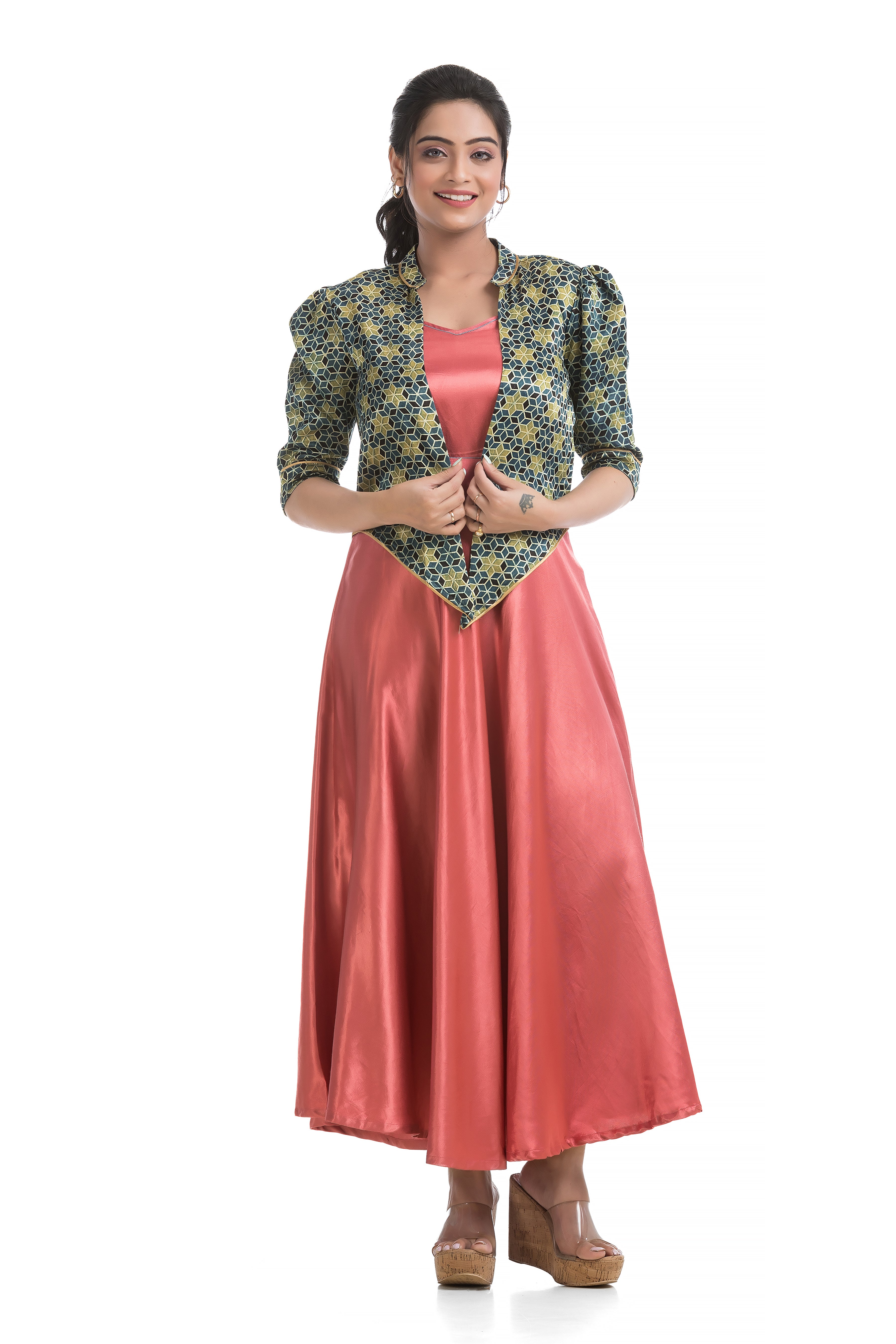 Blush Colour Mashru Noodle Dress with Assymmetric Ajrakh Printed Jacket