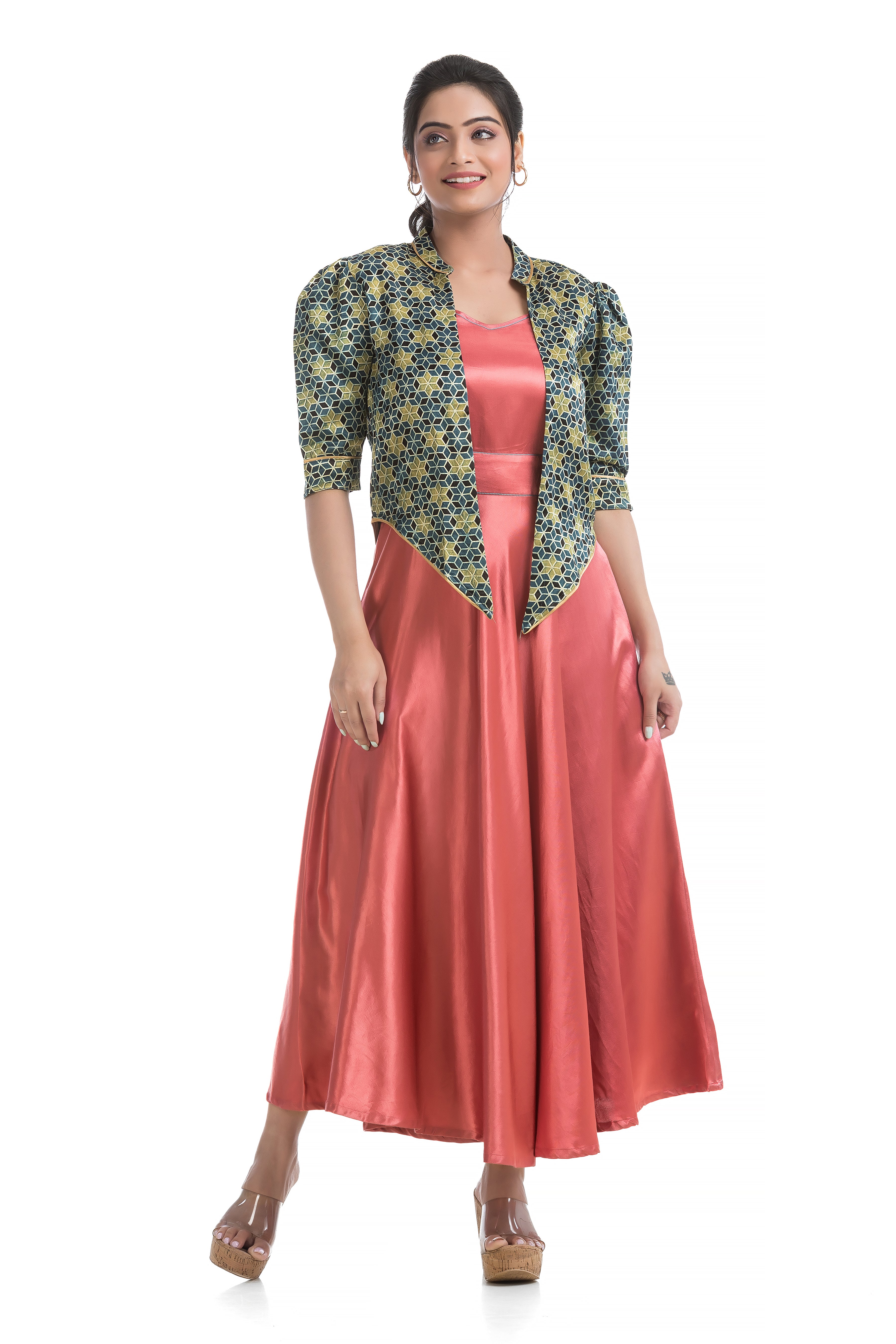 Blush Colour Mashru Noodle Dress with Assymmetric Ajrakh Printed Jacket