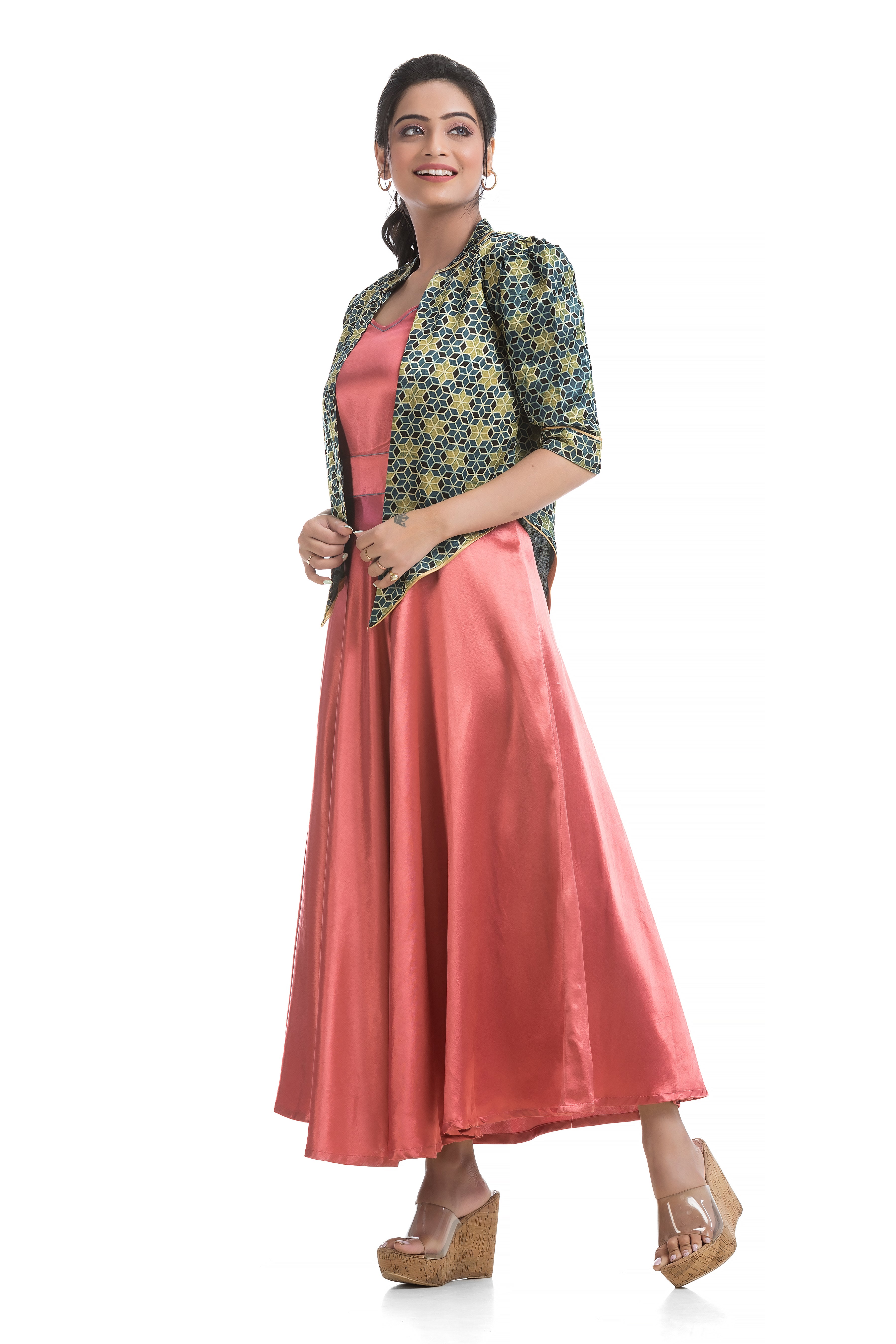 Blush Colour Mashru Noodle Dress with Assymmetric Ajrakh Printed Jacket