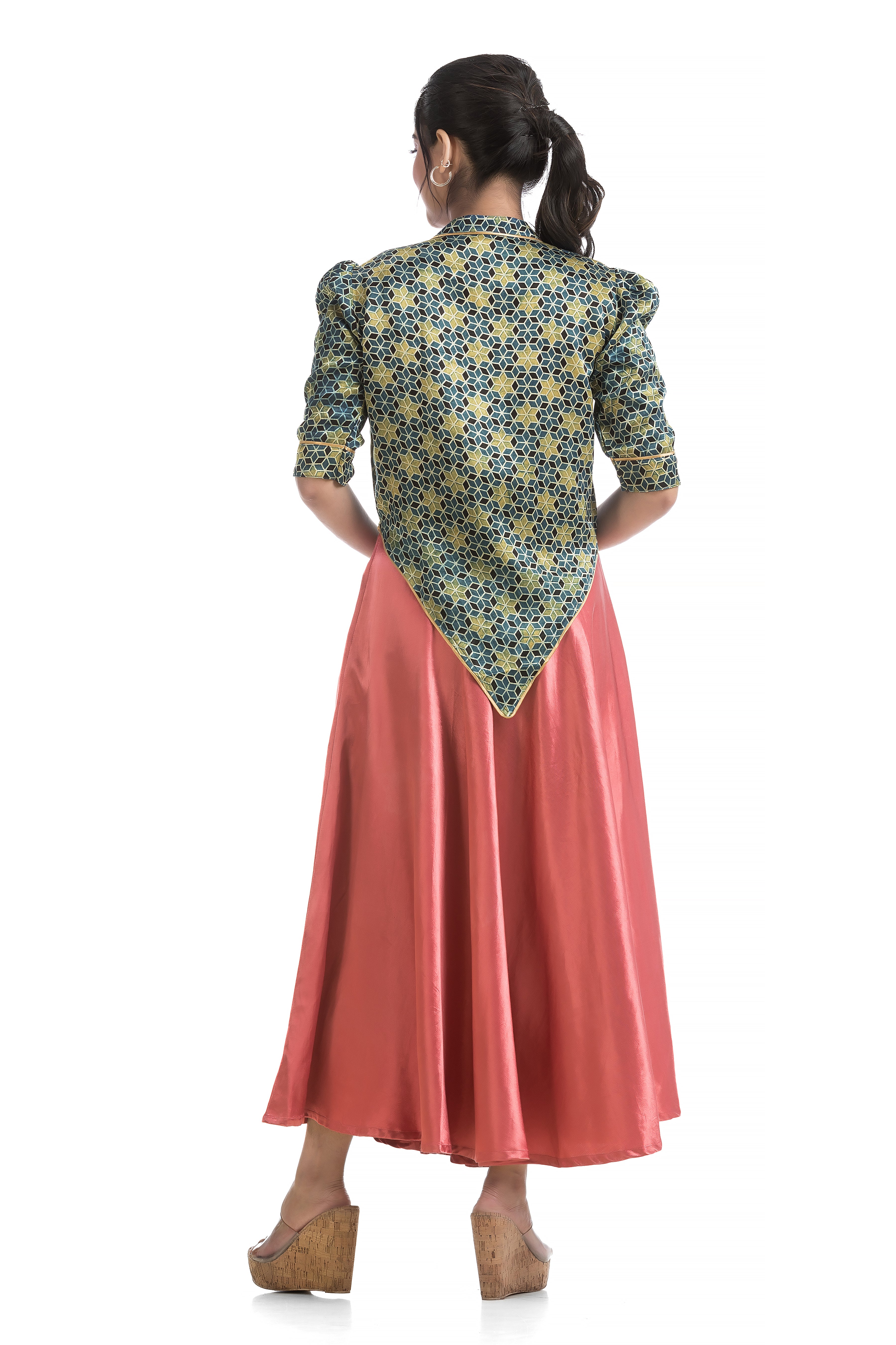 Blush Colour Mashru Noodle Dress with Assymmetric Ajrakh Printed Jacket