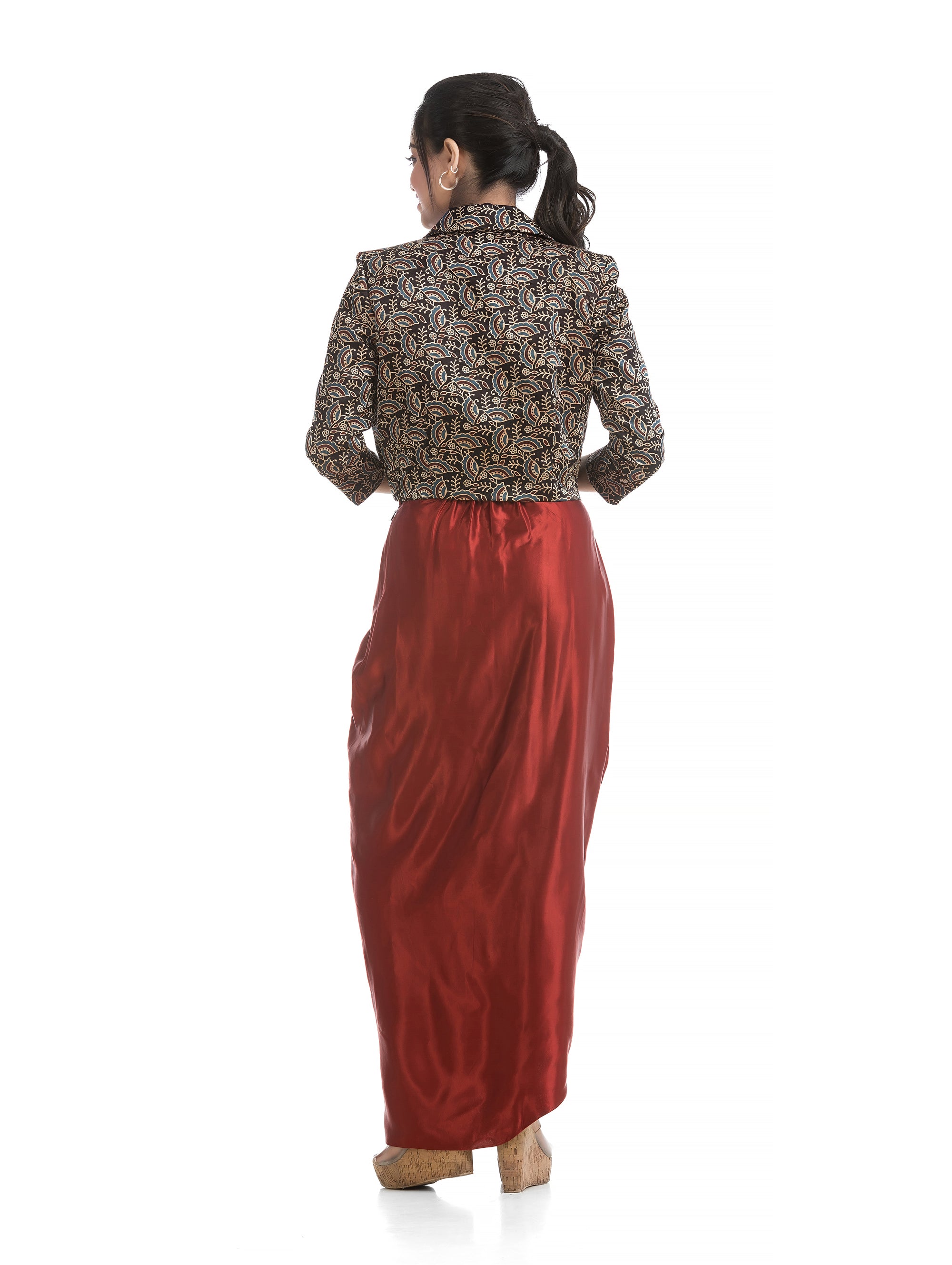 Maroon Bralette Top and Sarang Skirt with Black Ajrakh Printed Blazer