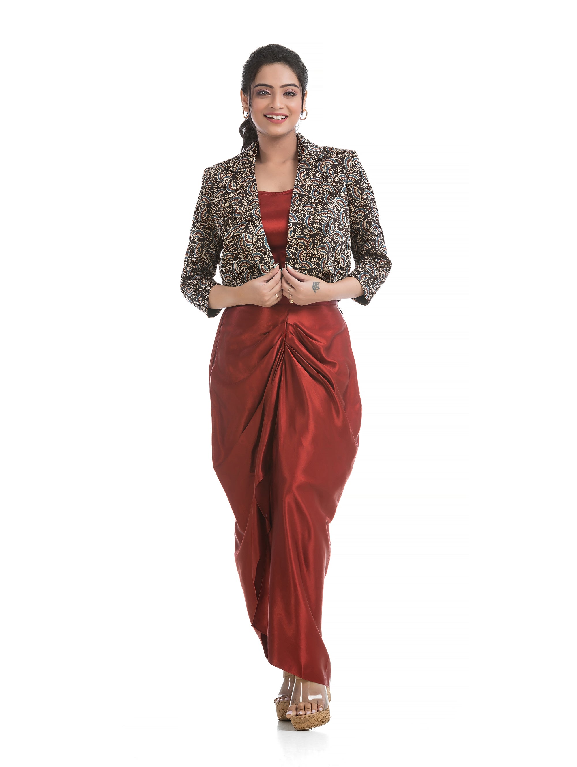 Maroon Bralette Top and Sarang Skirt with Black Ajrakh Printed Blazer