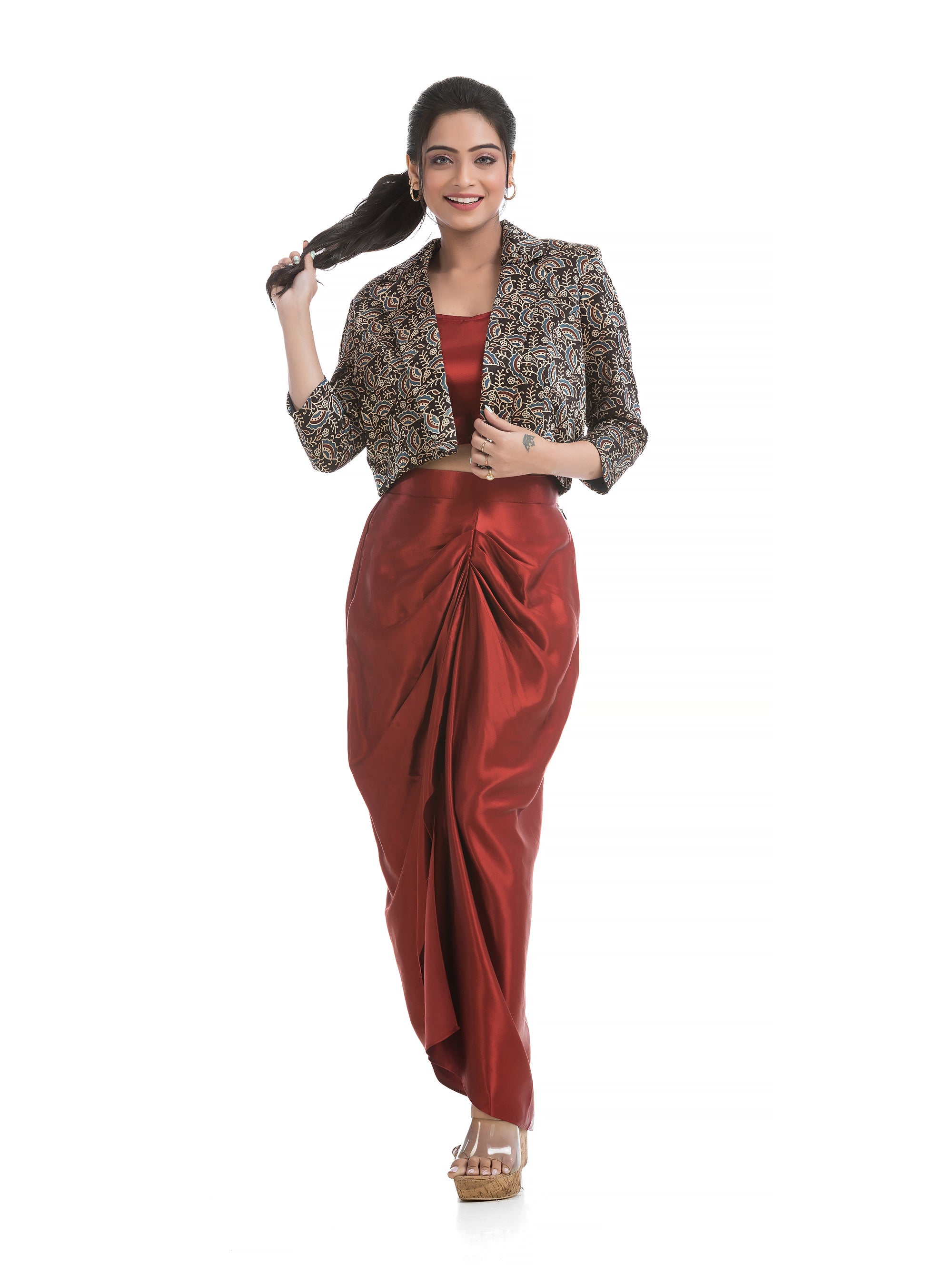 Maroon Bralette Top and Sarang Skirt with Black Ajrakh Printed Blazer